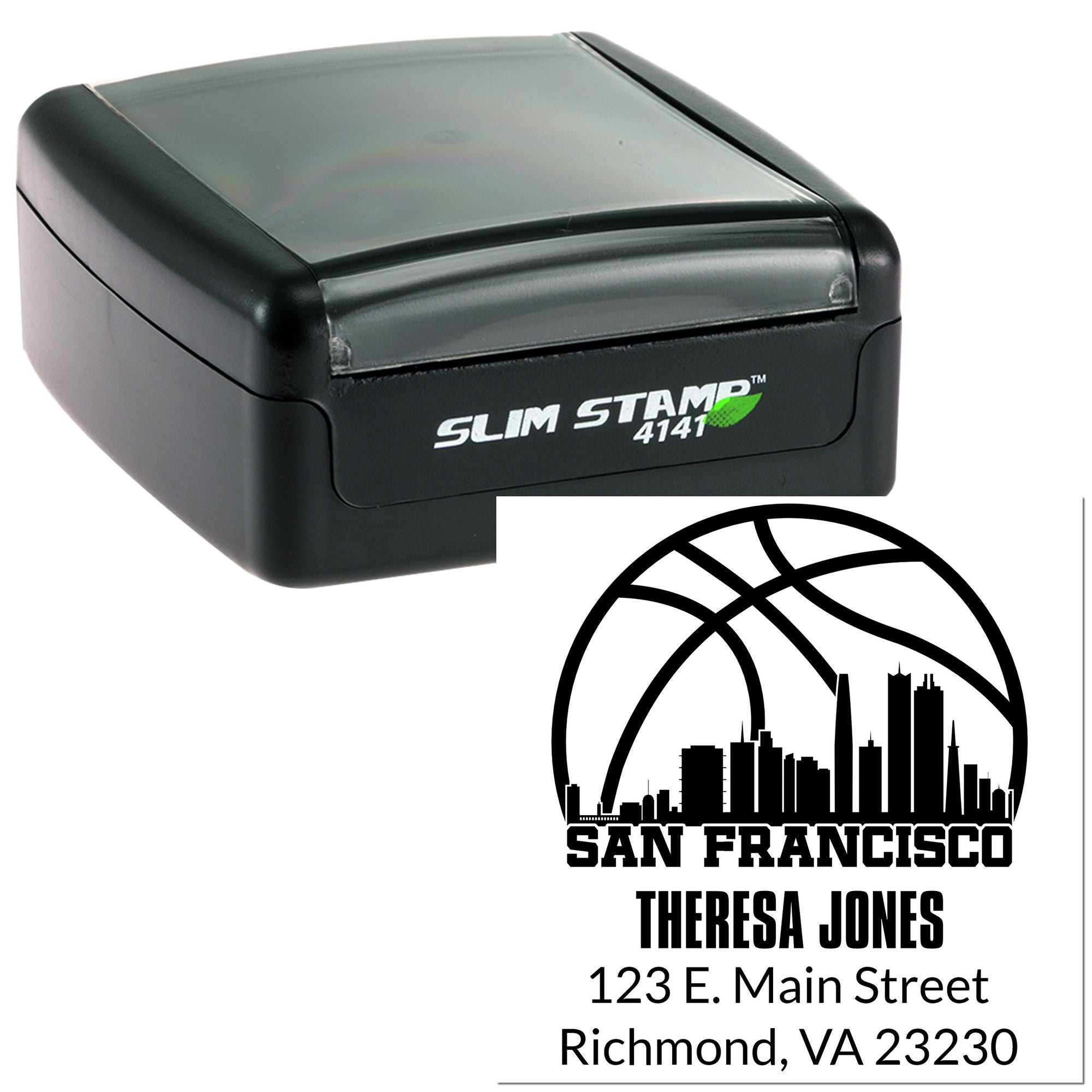 Custom self-inking address rubber stamp with San Francisco skyline, name, and address; Slim Stamp 4141.