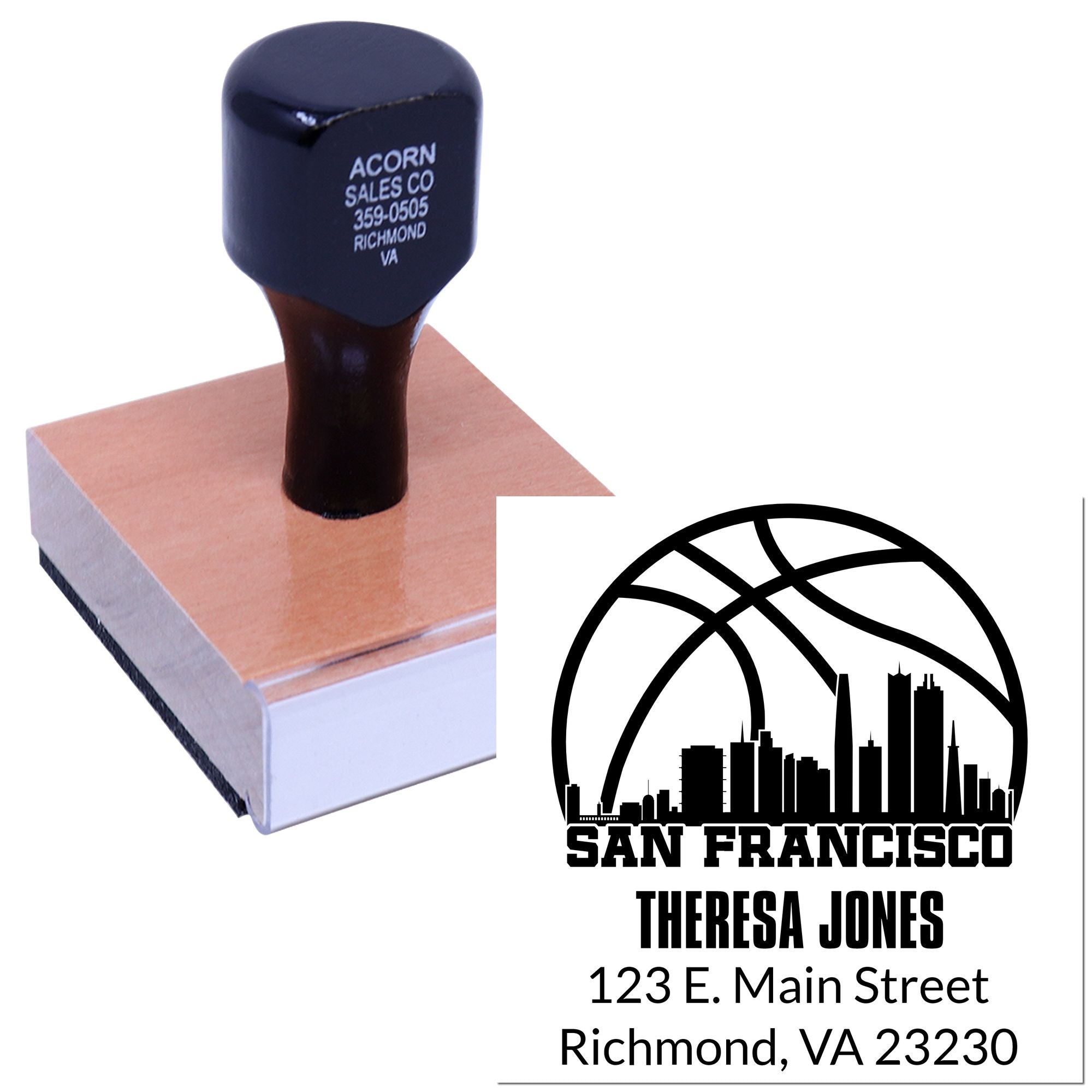 Custom rubber stamp with San Francisco skyline and personalized address imprint for business or mail use