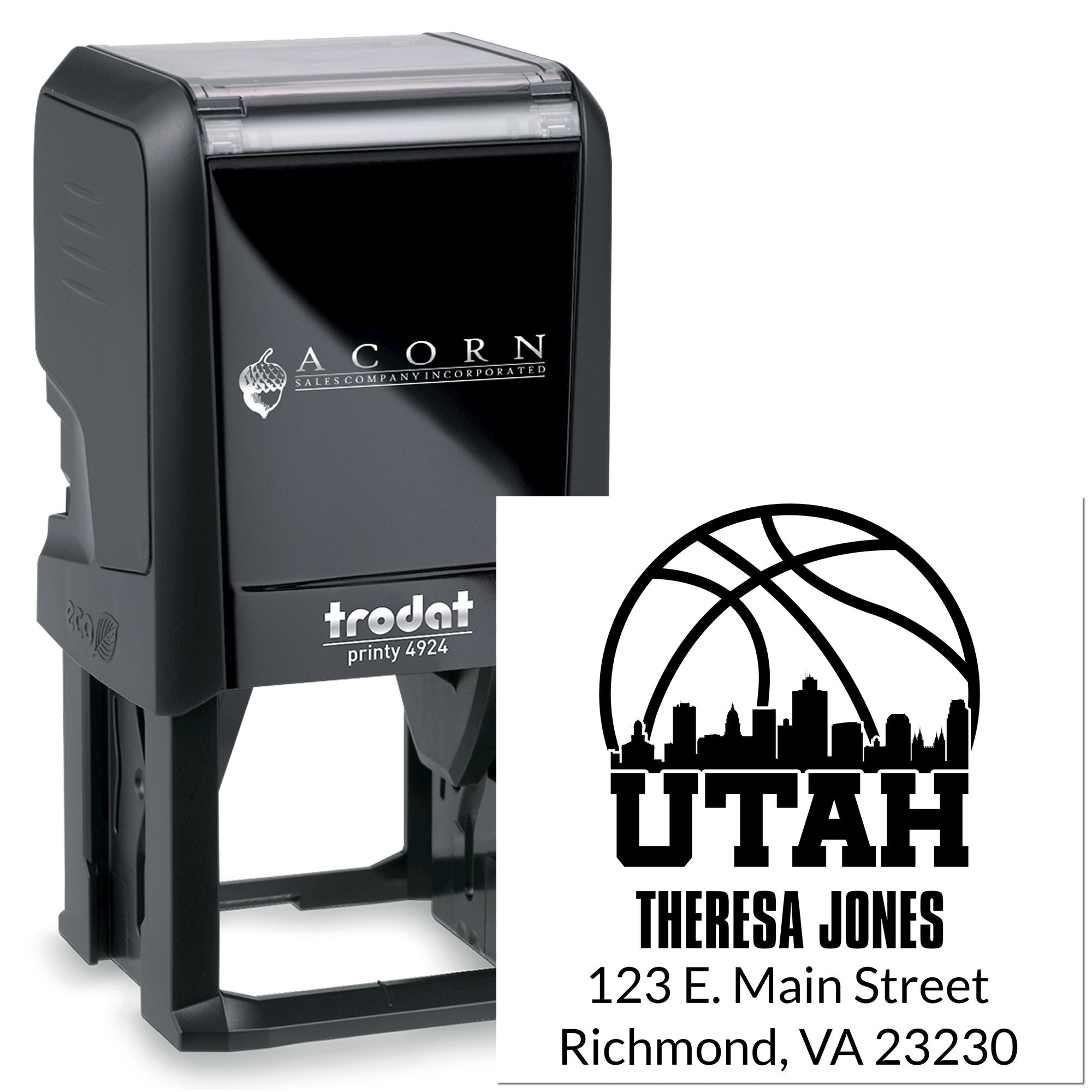 Custom Trodat self-inking rubber stamp with Utah address imprint for business mailings