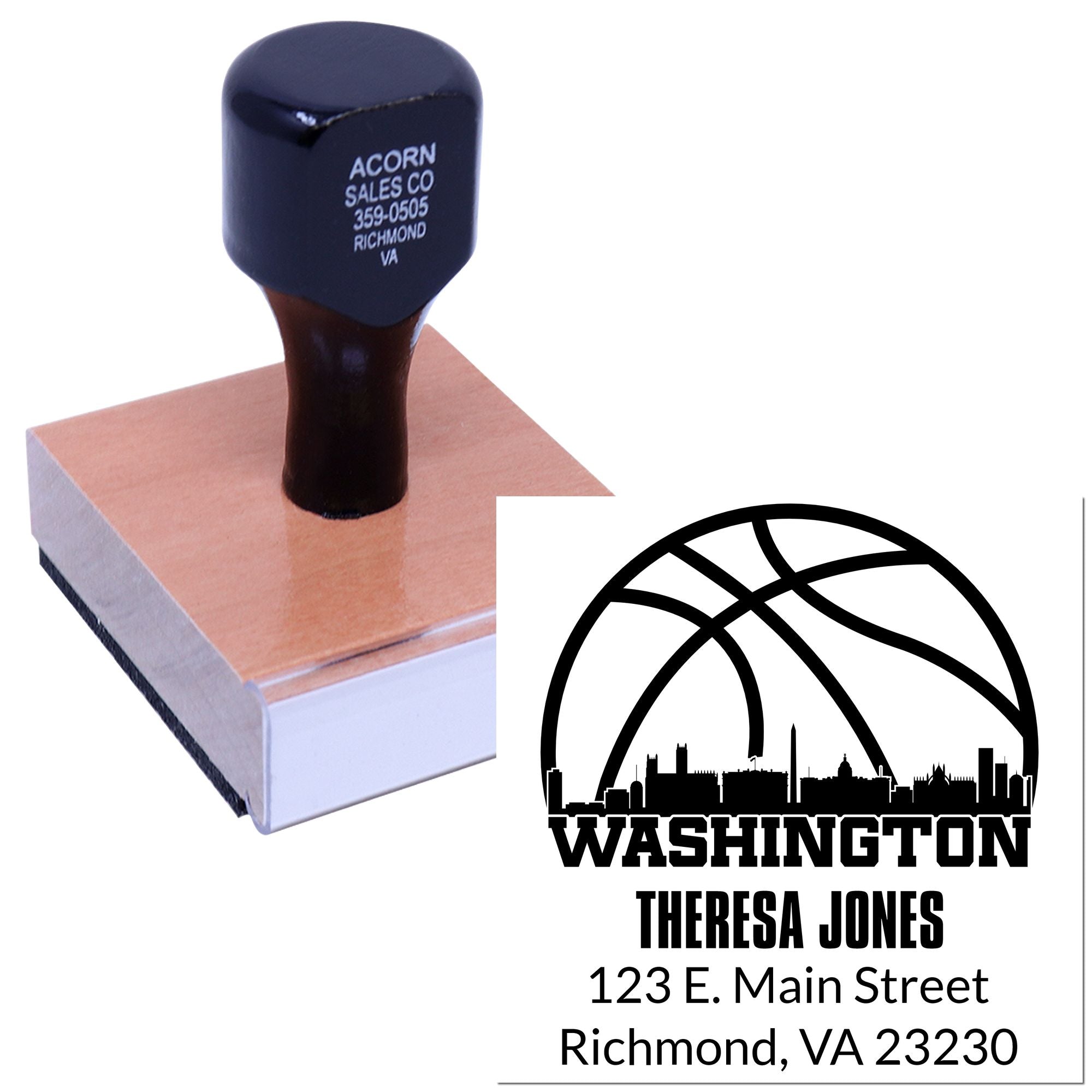 Custom rubber stamp with Washington basketball logo and address imprint for personalized business or return address use.