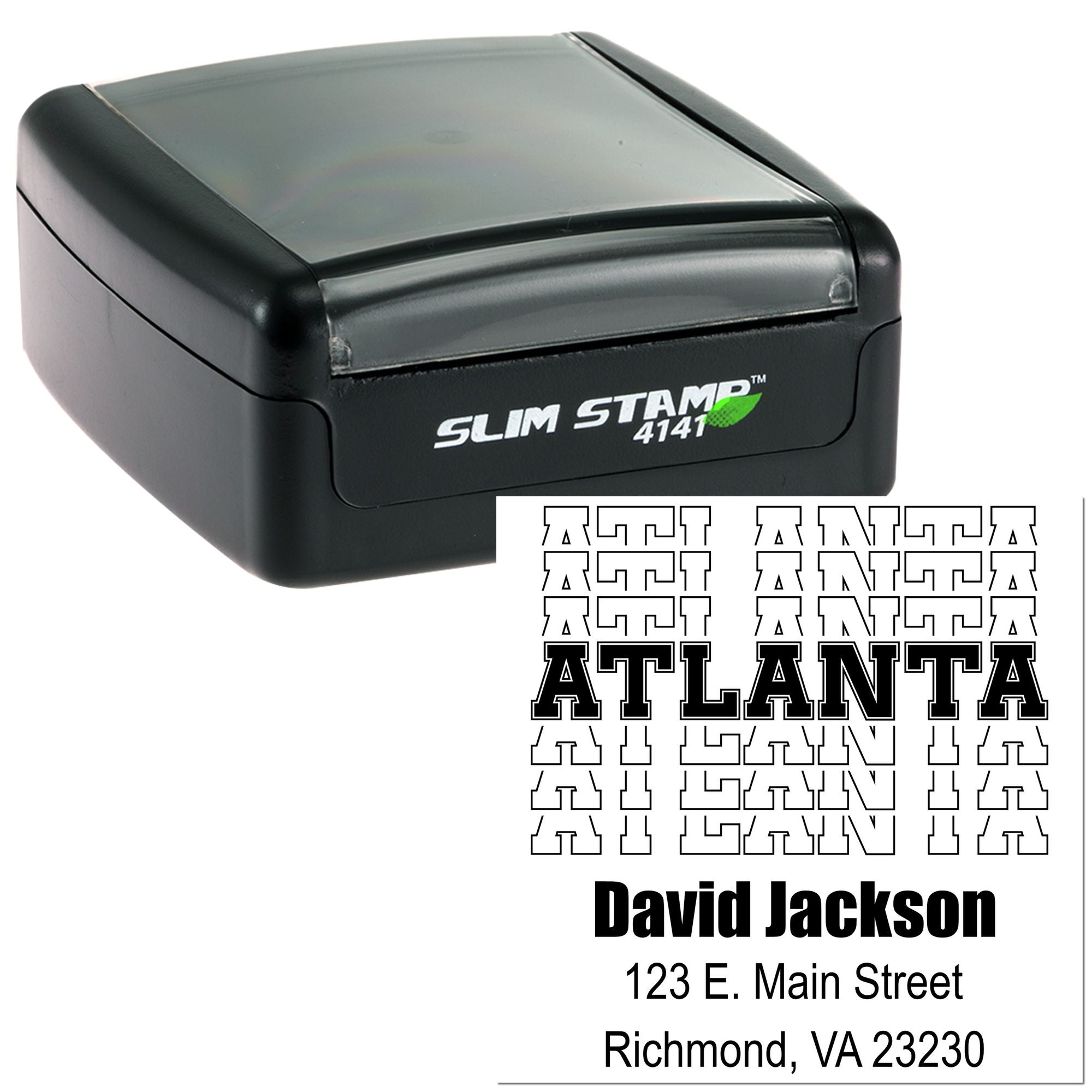 Custom self-inking address rubber stamp with Atlanta return address sample for David Jackson, Richmond, VA.