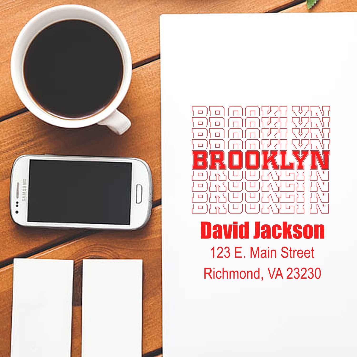 Custom Brooklyn return address rubber stamp mockup with name and address for personalized mailing and branding.