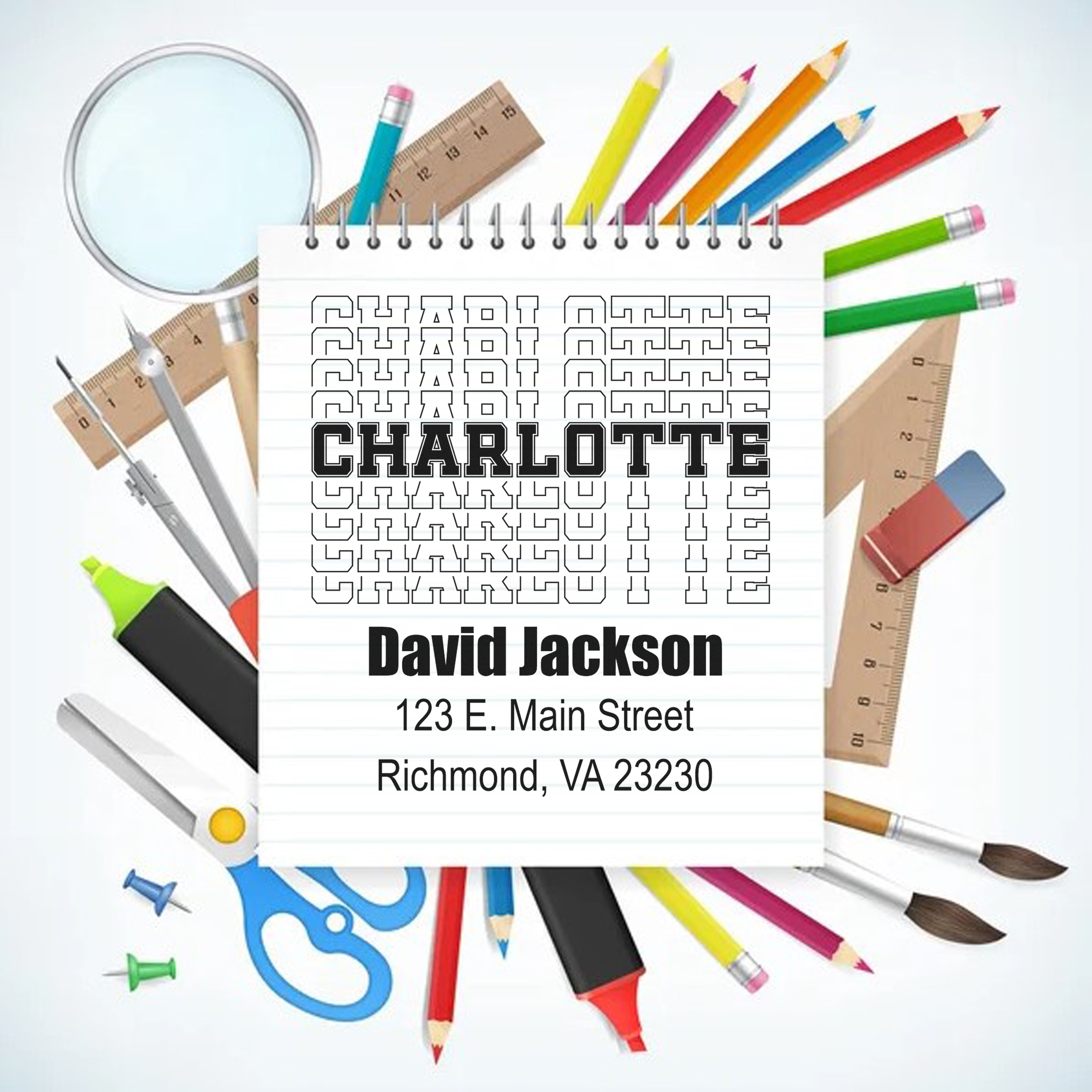 Custom school-themed return address rubber stamp for David Jackson, Richmond, VA 23230, with pencils, rulers, and art supplies.