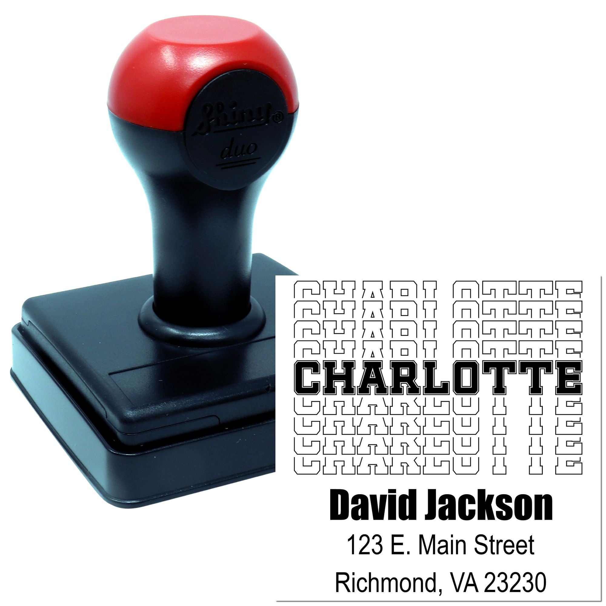 Custom self-inking rubber stamp with personalized name and address imprint for mailing and business use
