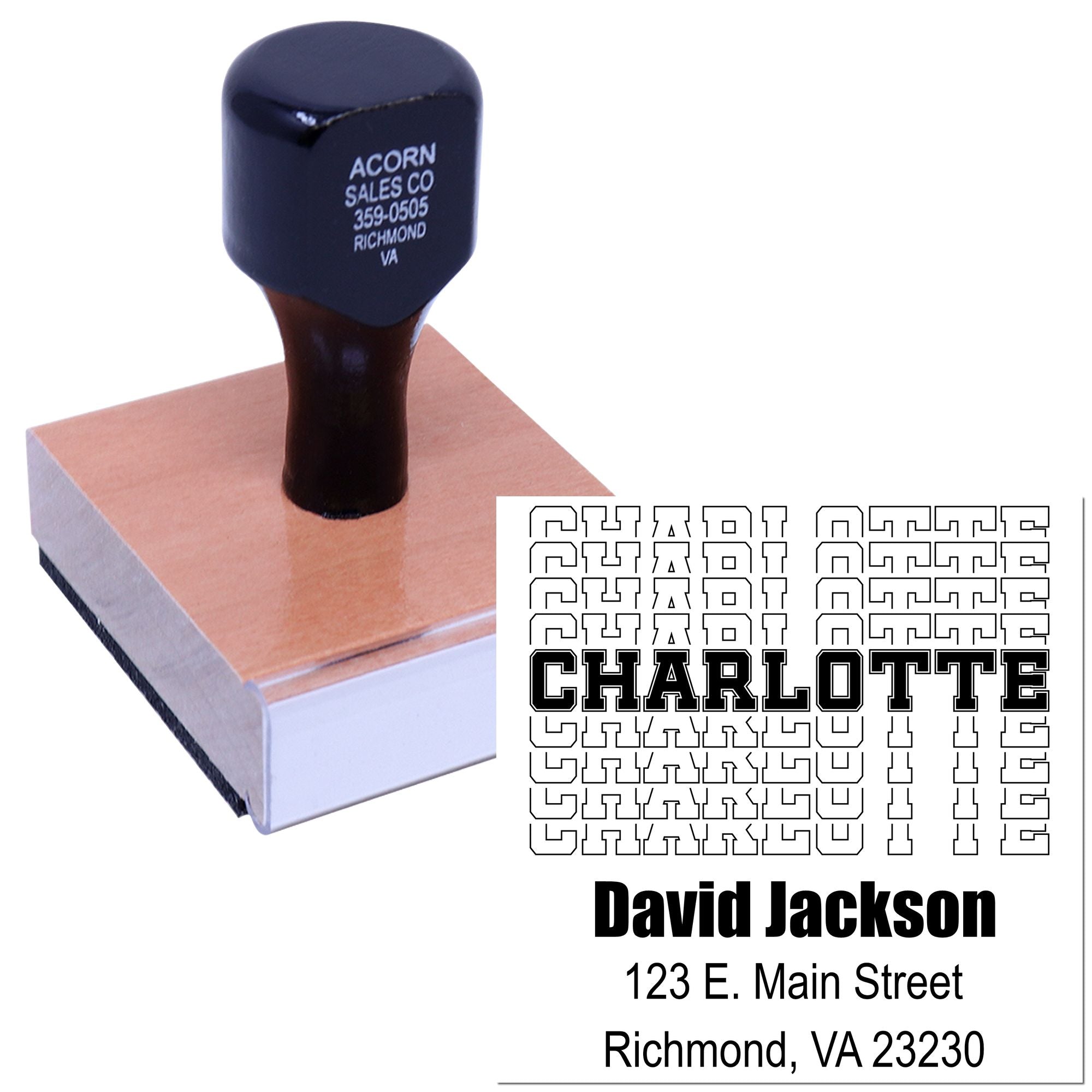 Custom rubber stamp for business address details, featuring name, street, city, and state imprint.