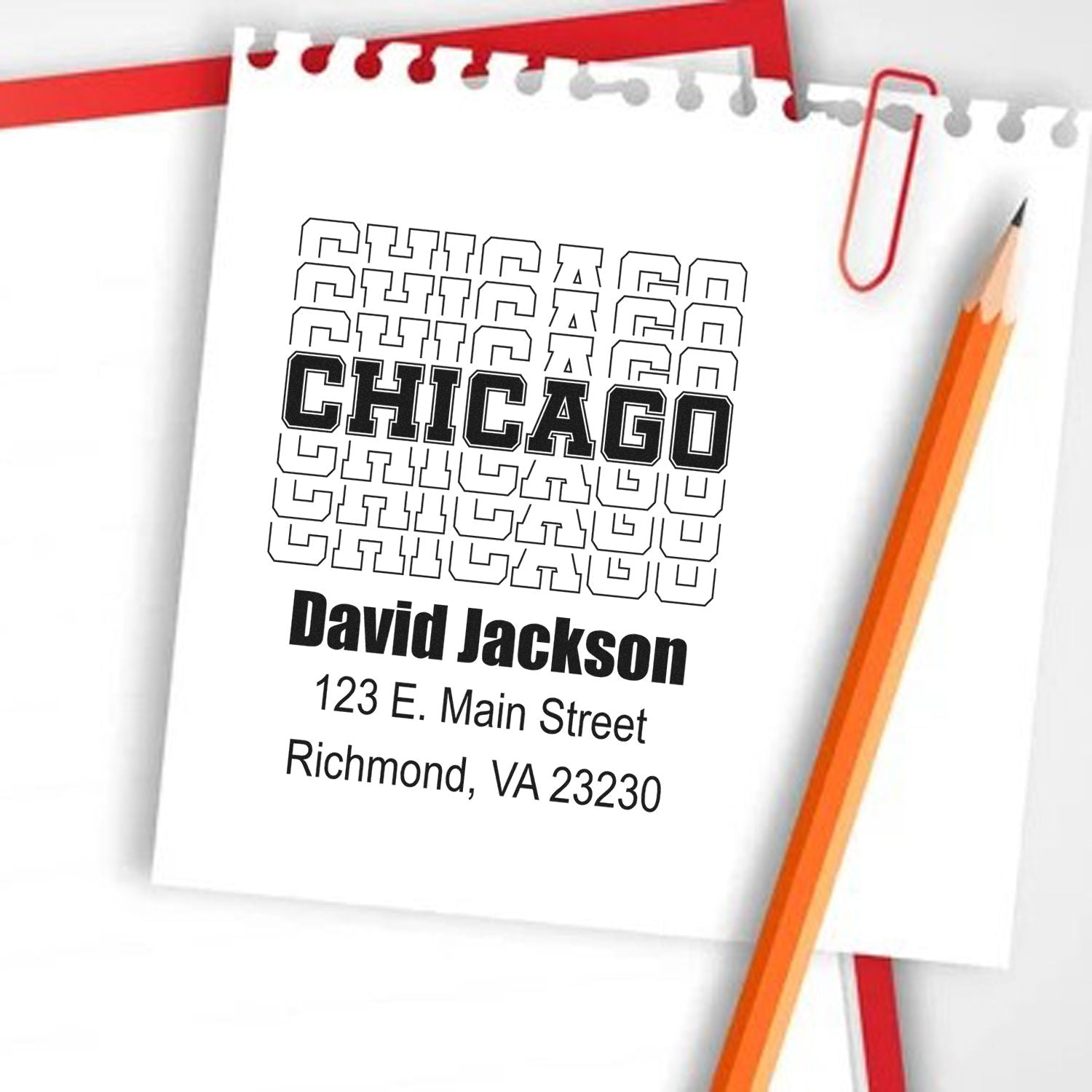 Chicago custom return address rubber stamp with name and address for personalized stationery, envelopes, and mailings.