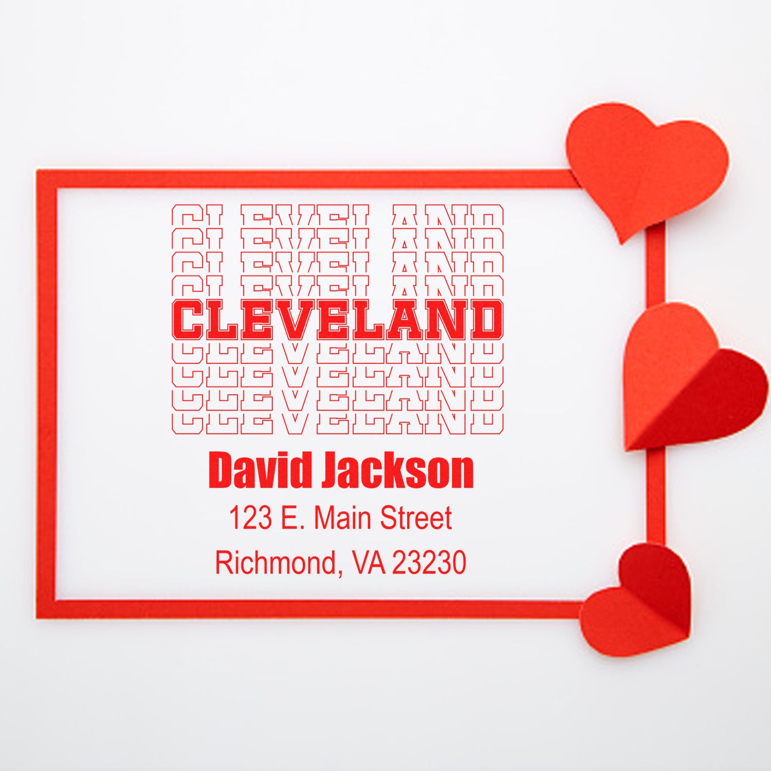 Custom return address rubber stamp for Cleveland, featuring David Jackson, Richmond VA 23230, with red heart accents.