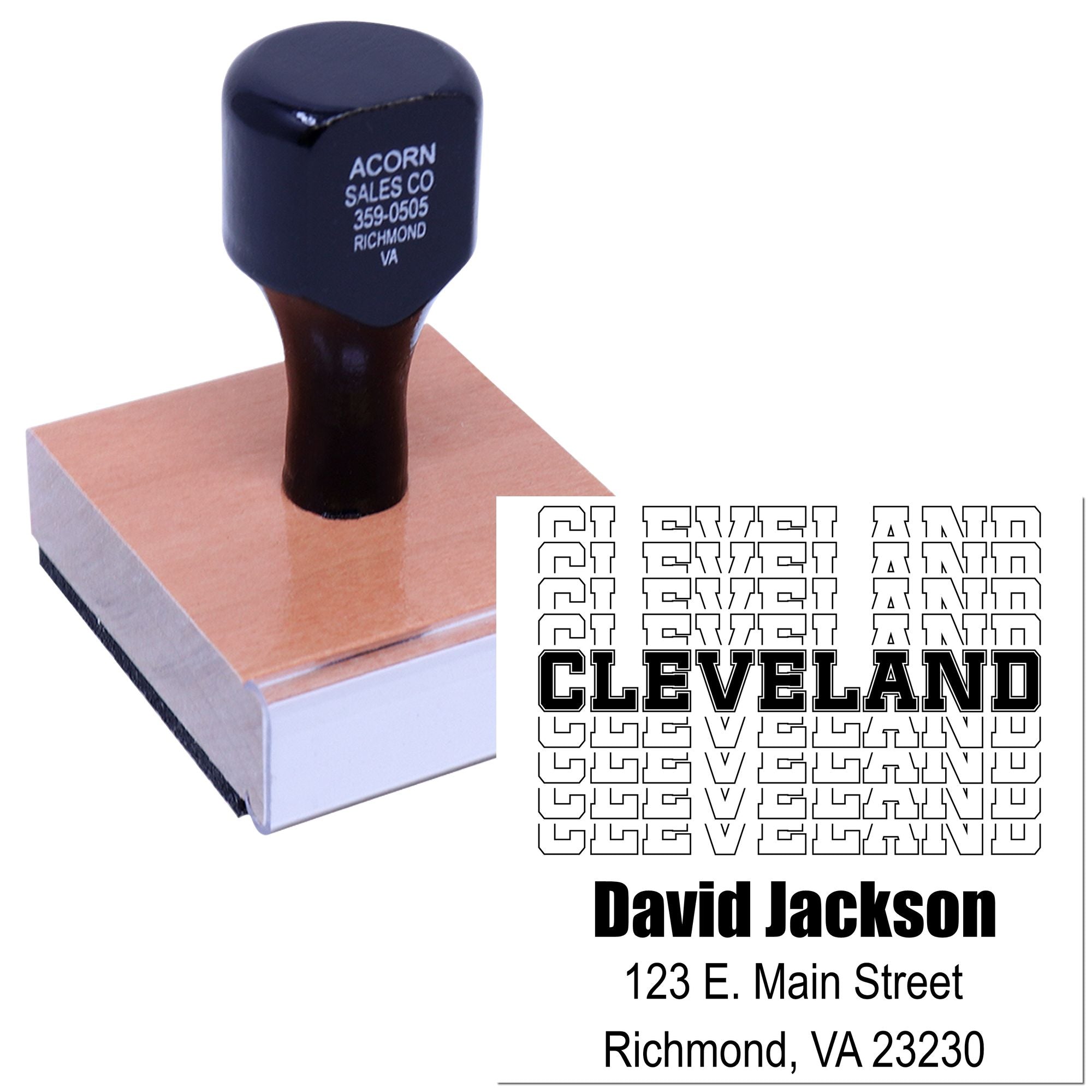 Custom address rubber stamp sample with business name, street address, and city for personalized mailing and branding.