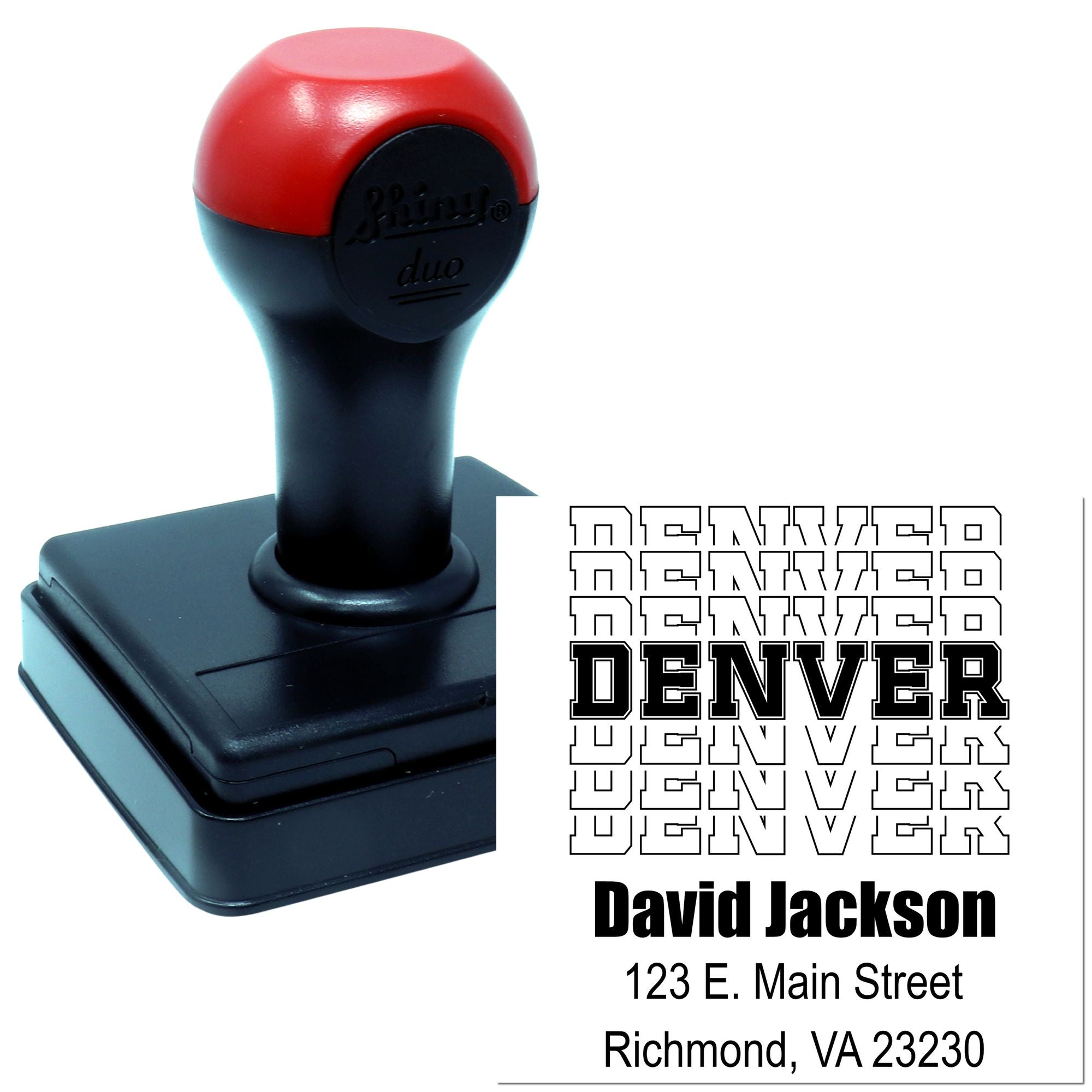 Custom self-inking return address rubber stamp with Denver design for David Jackson, Richmond, VA