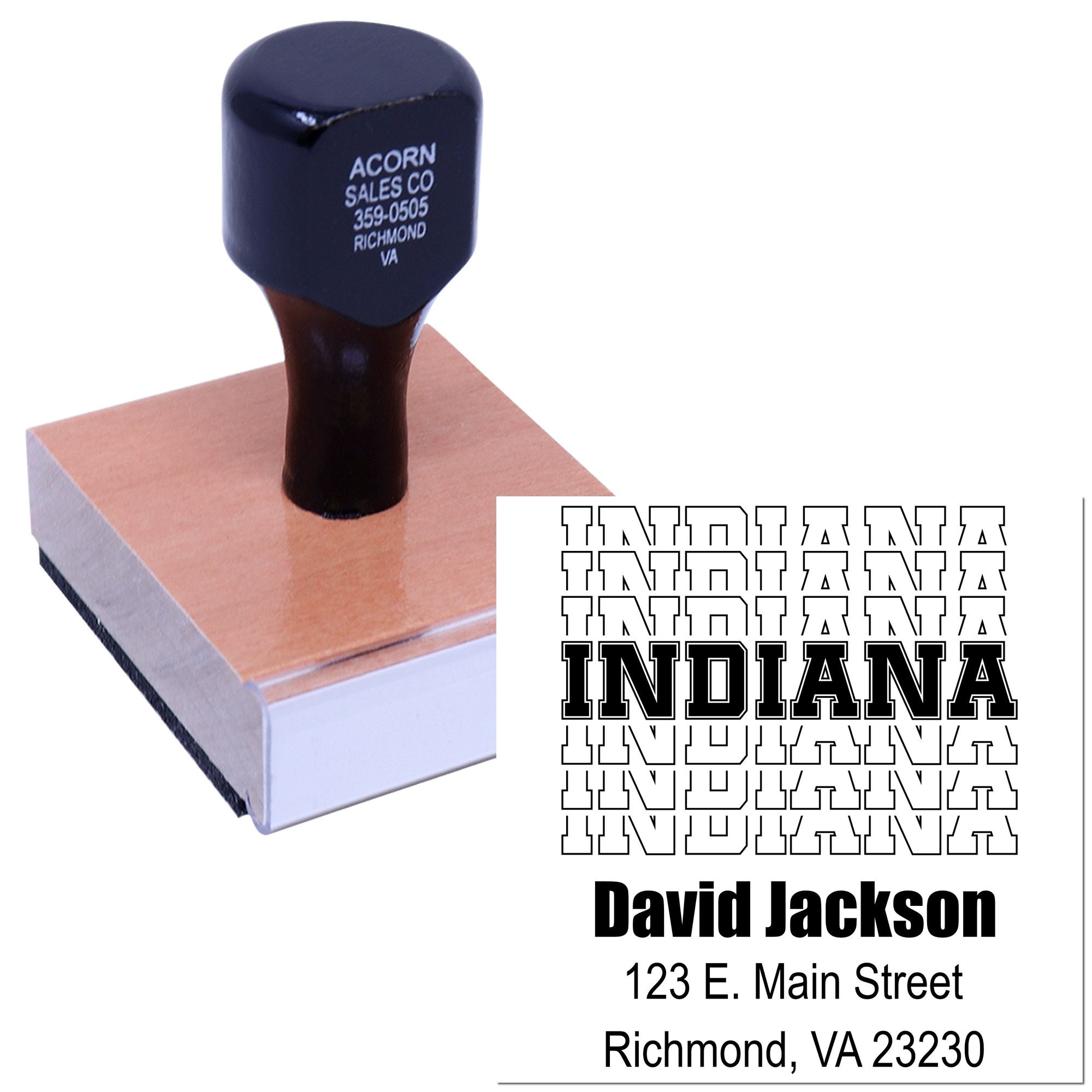 Custom rubber stamp with Indiana design and return address for business mailing, featuring personalized name and street address.