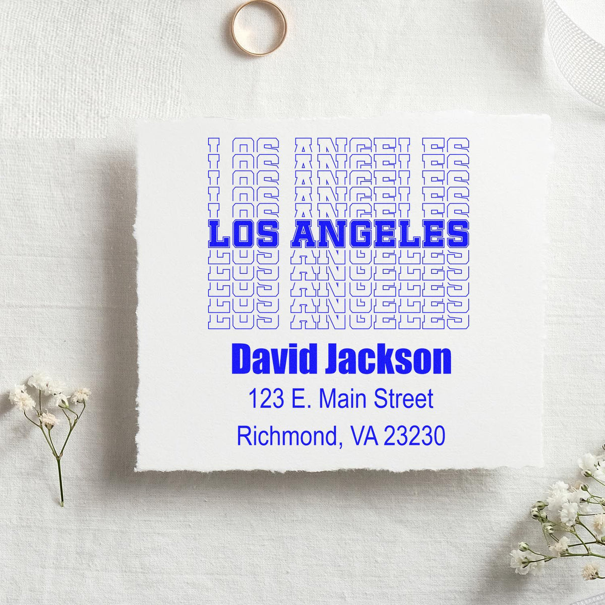 Custom return address rubber stamp with Los Angeles design, David Jackson, 123 E. Main Street, Richmond, VA 23230