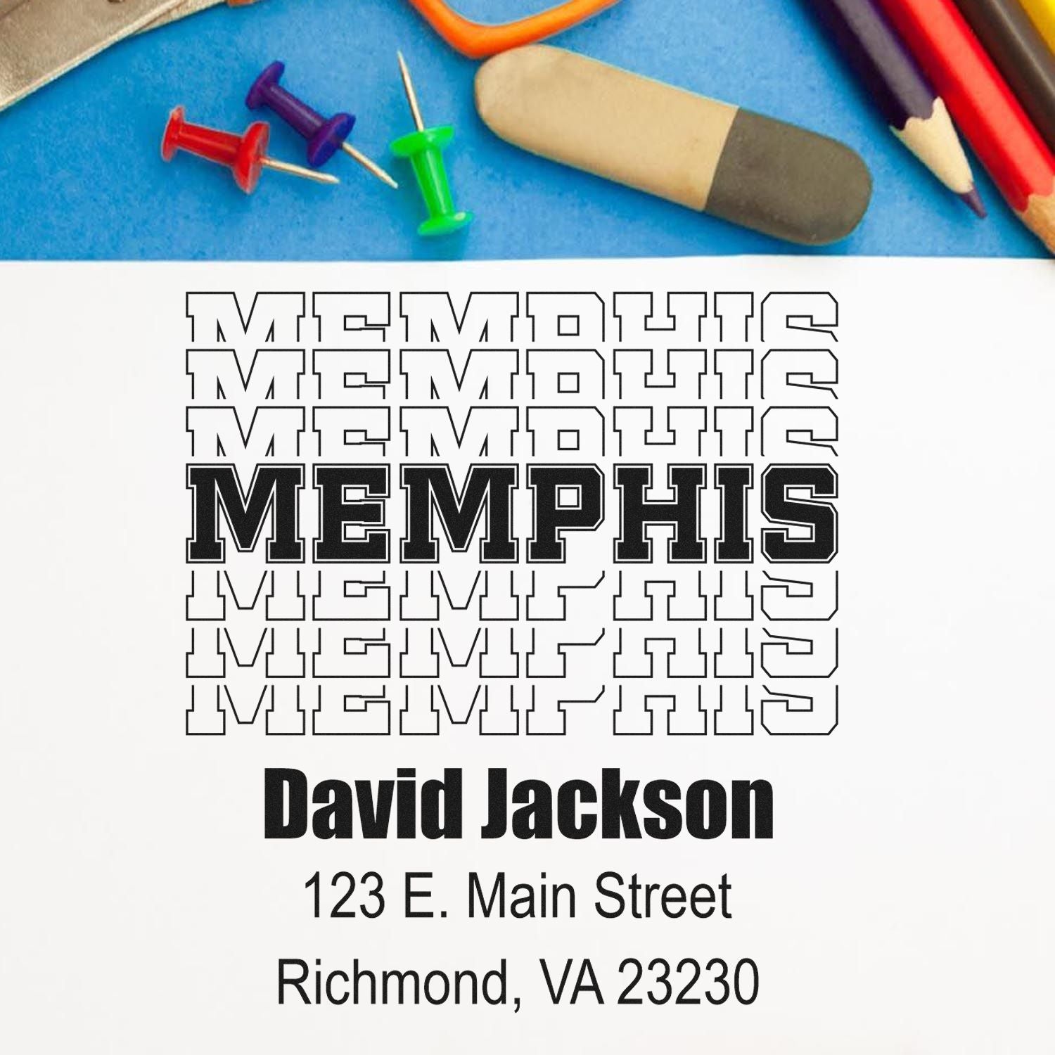 Custom Memphis rubber stamp proof for a personalized address stamp with name, street address, and city, state ZIP.