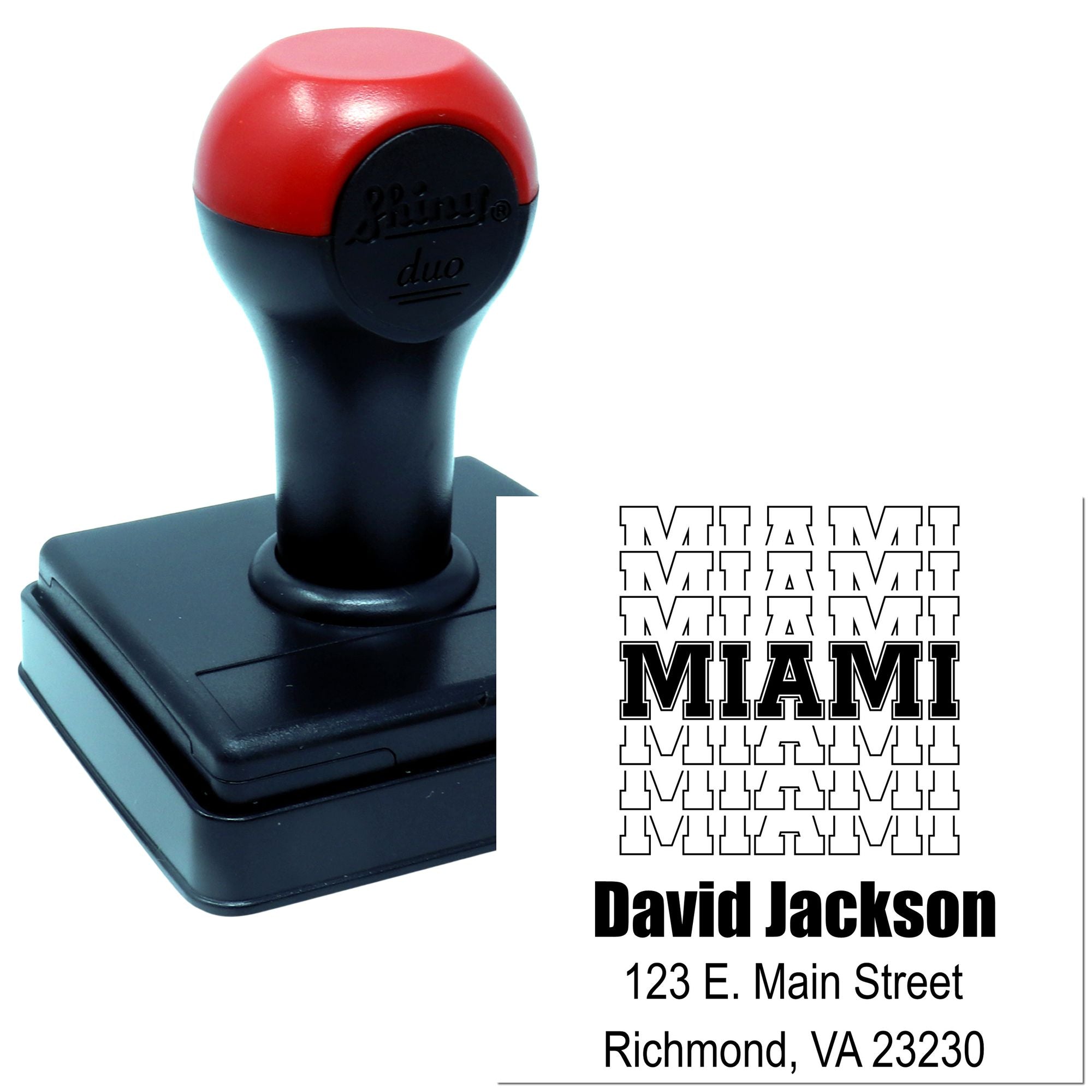 Custom self-inking rubber address stamp with Miami return address for personalized business envelopes and mailings.