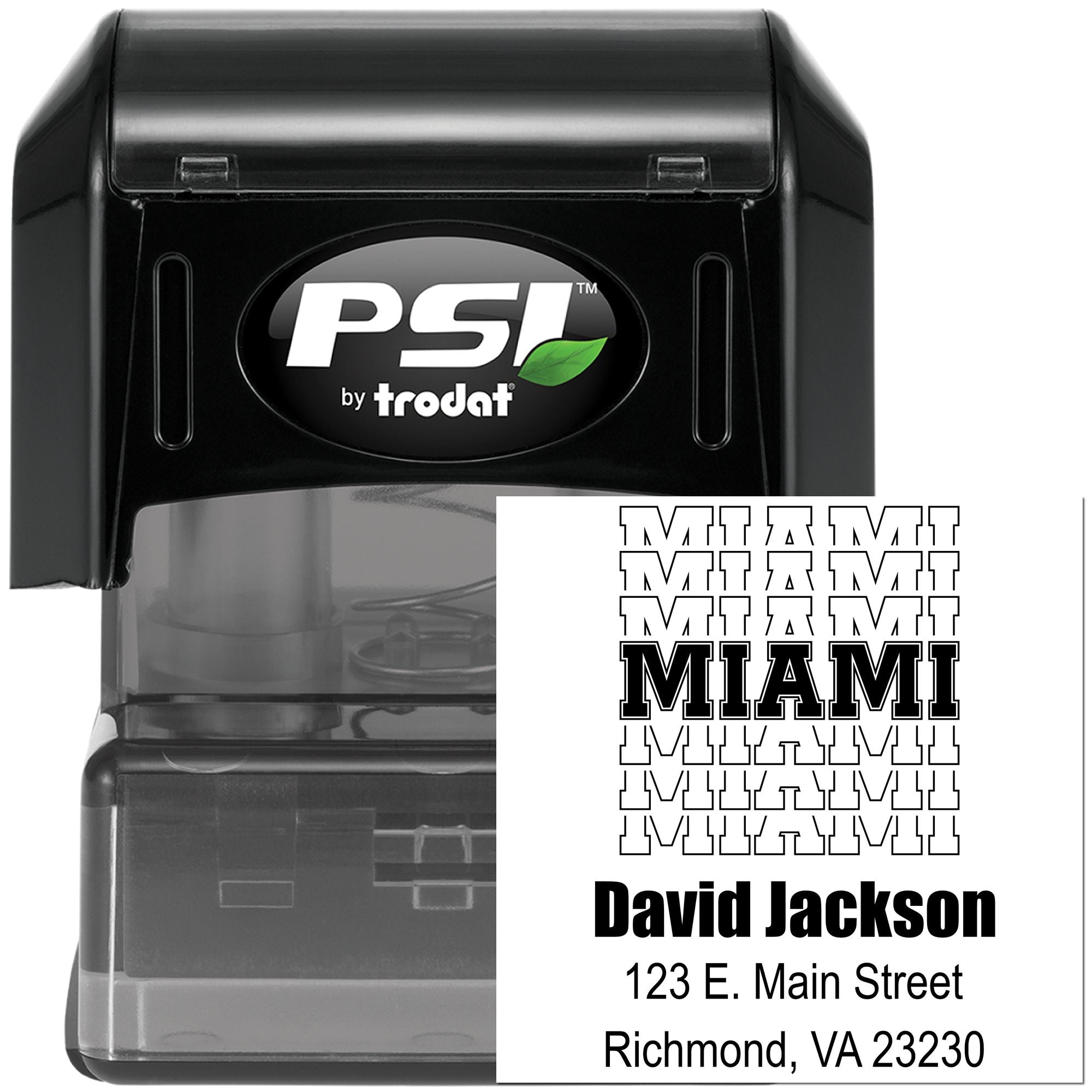 Custom Miami address self-inking rubber stamp with name and return address imprint for business or personal use.
