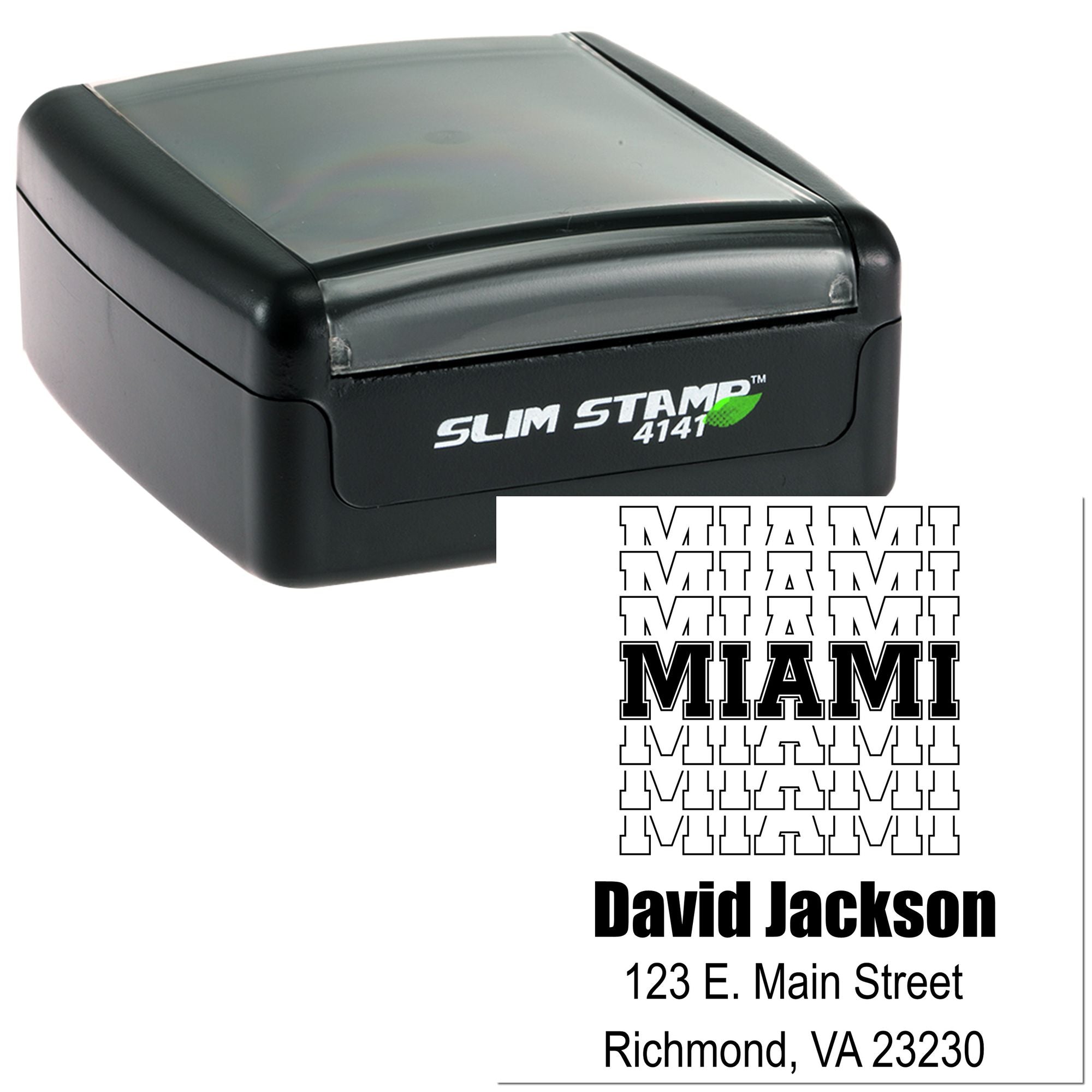Personalized self-inking rubber stamp for Miami name and address imprint, Slim Stamp 4141.