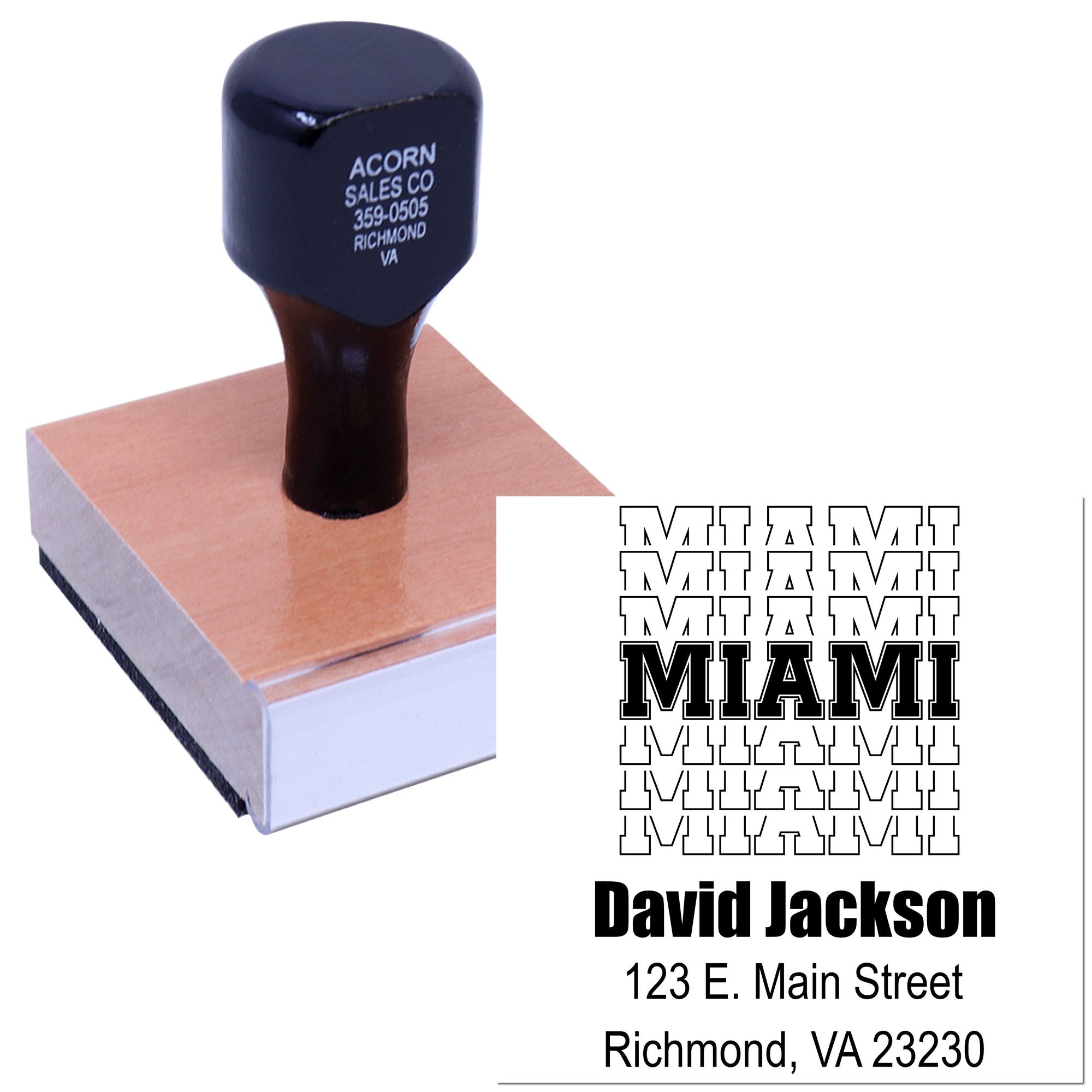 Custom rubber stamp with Miami address imprint and name for business return addressing