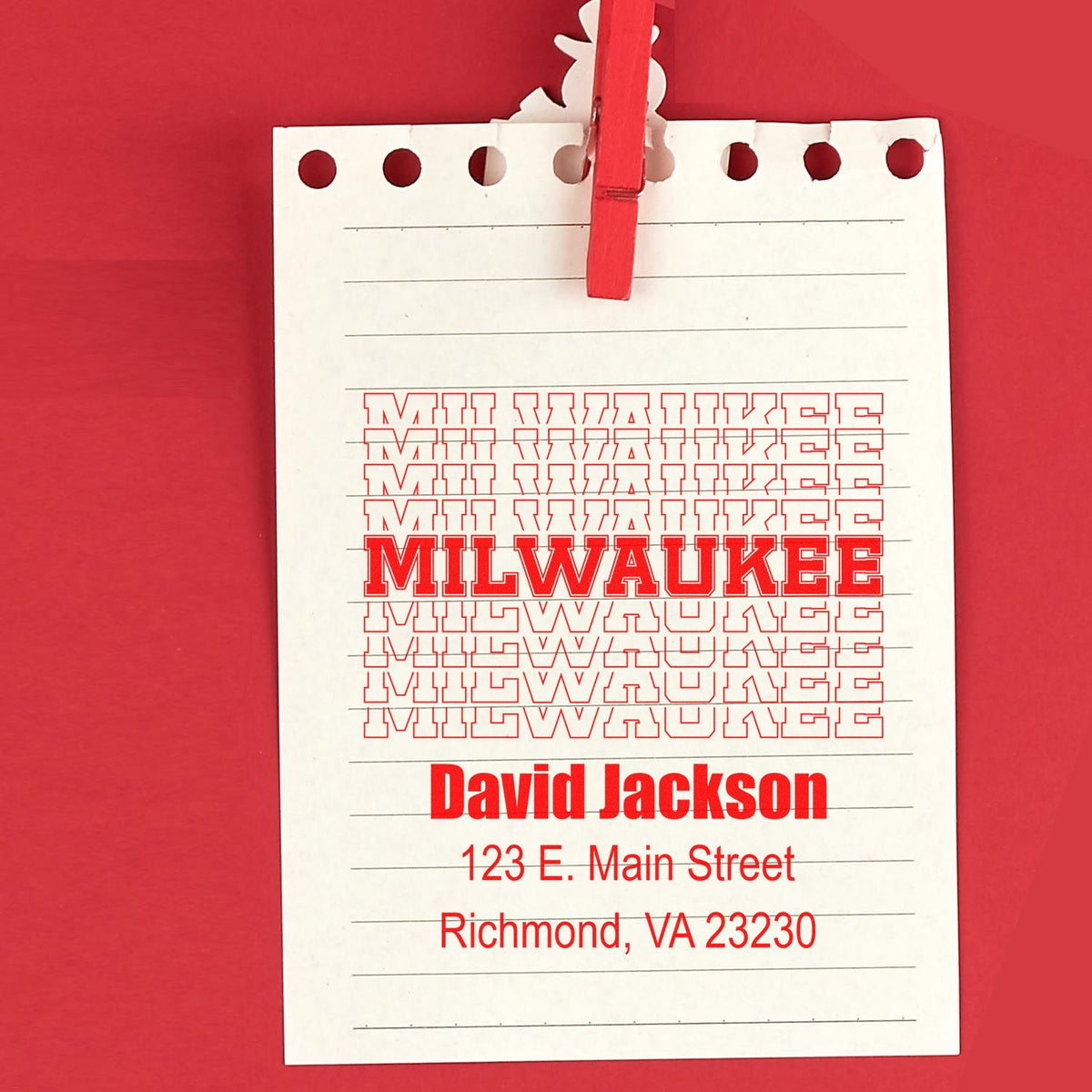 Custom rubber stamp impression for Milwaukee, featuring David Jackson name and Richmond, VA address on a lined note card.