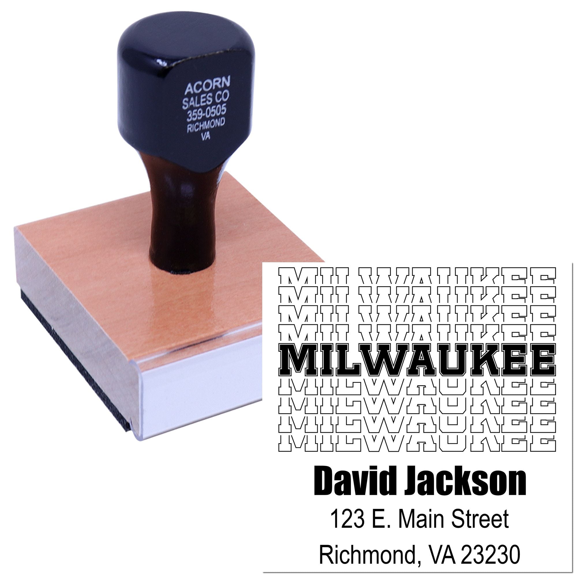 Custom rubber stamp proof with Milwaukee address design and name, showing self-inking stamp for business mailing and branding.