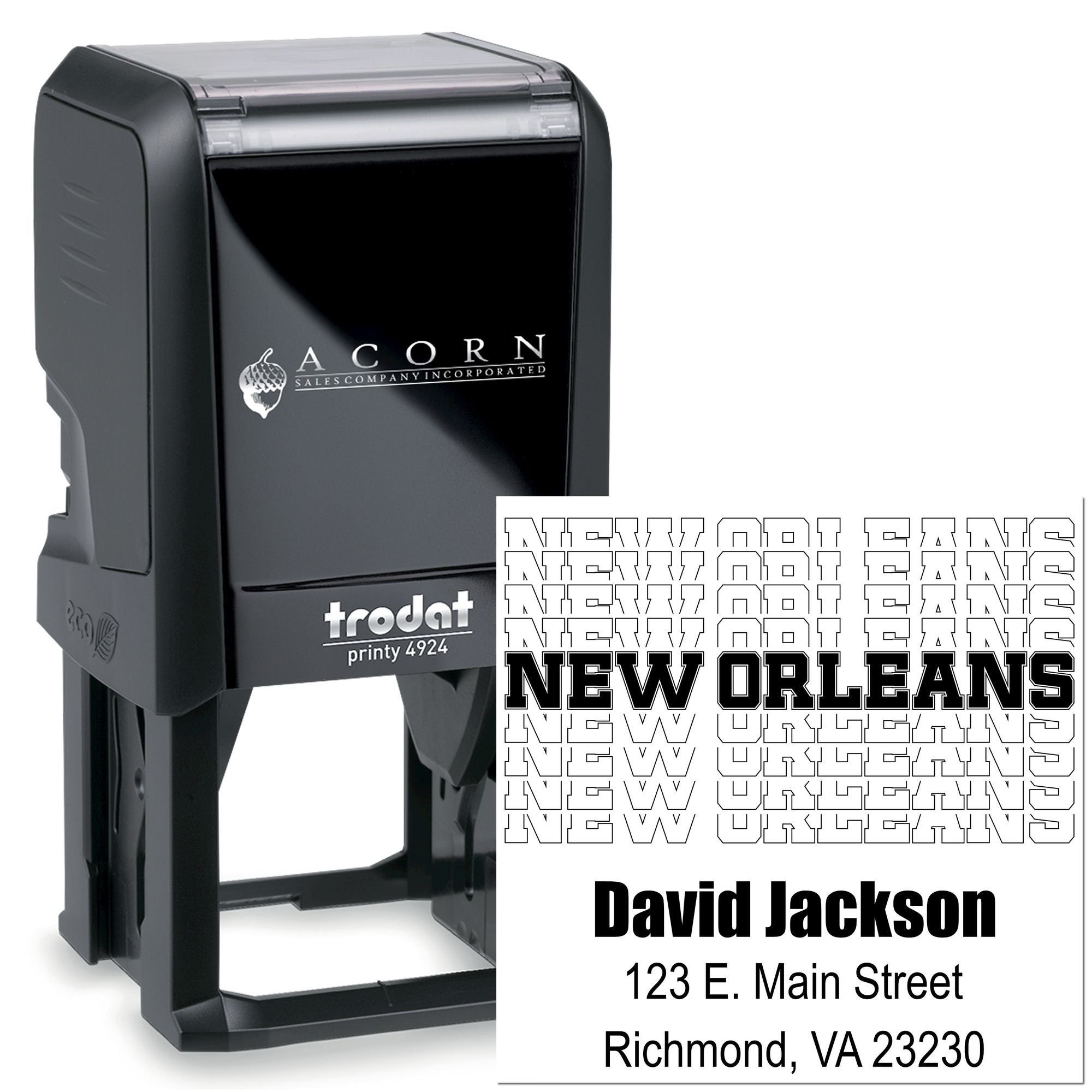 Trodat Printy 4924 custom self-inking rubber stamp with New Orleans address and name imprint example.