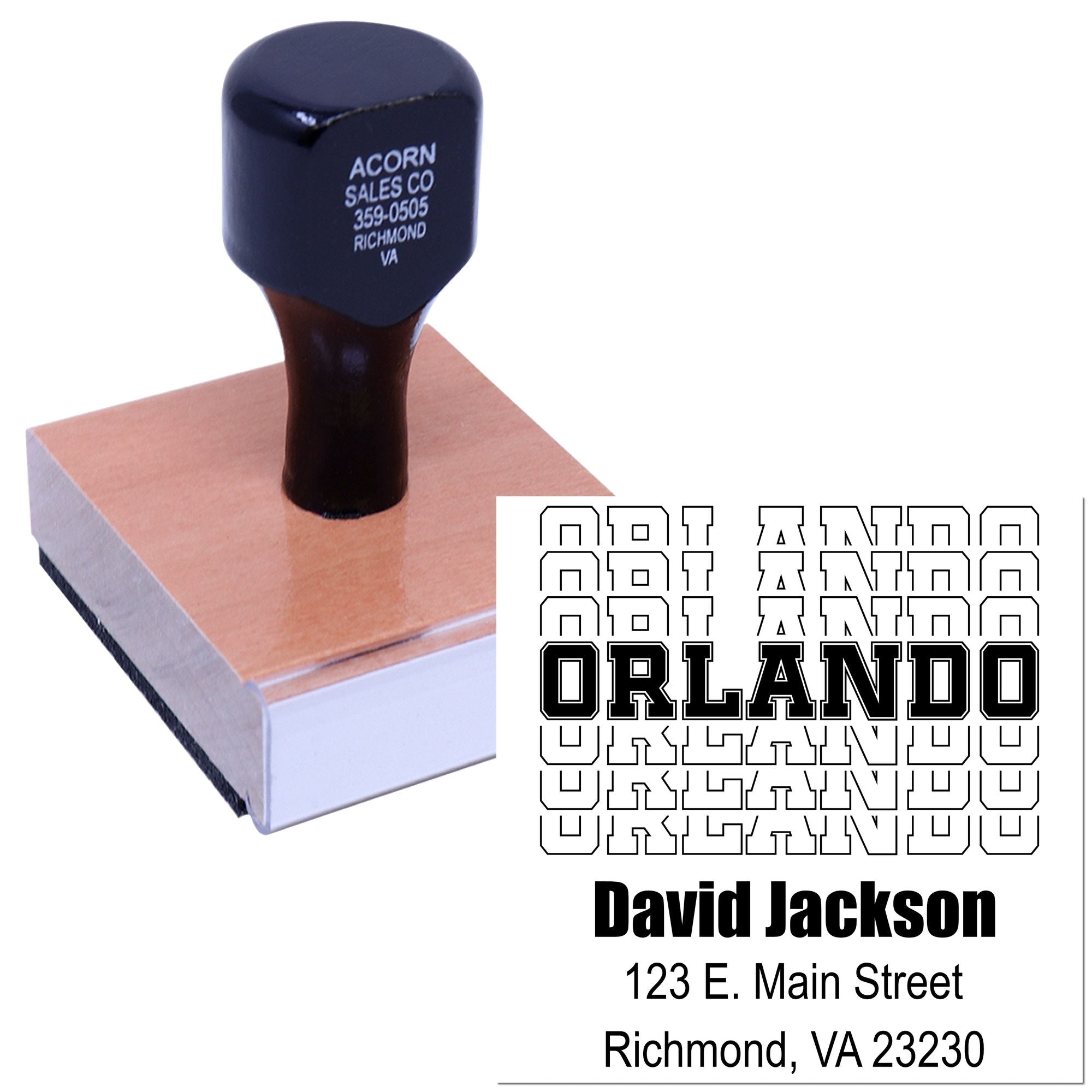 Custom rubber address stamp with Orlando return address for business mailings and personalized stationery.