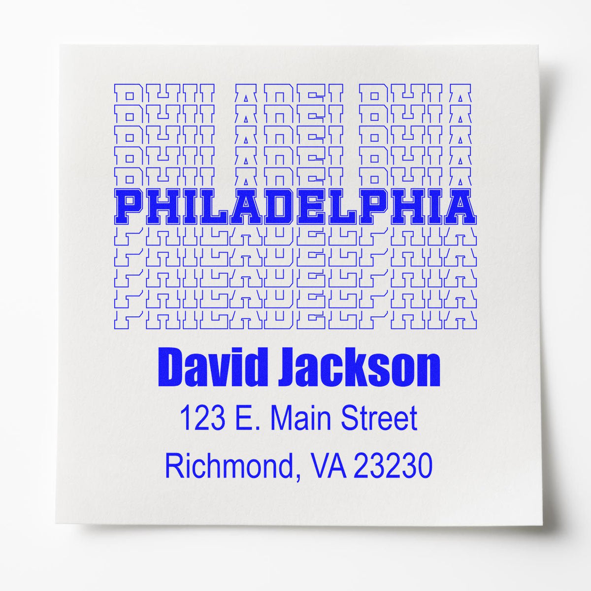 Custom rubber address stamp with Philadelphia design, David Jackson, 123 E. Main Street, Richmond, VA 23230.