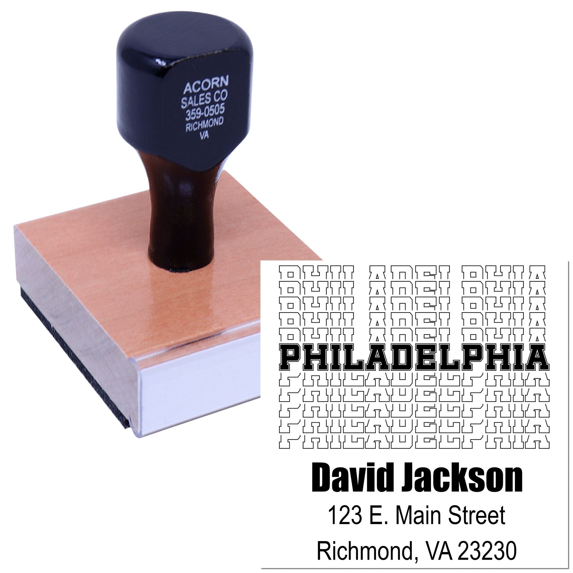 Custom rubber stamp for business branding and address stamping, shown with personalized Philadelphia name and address imprint.