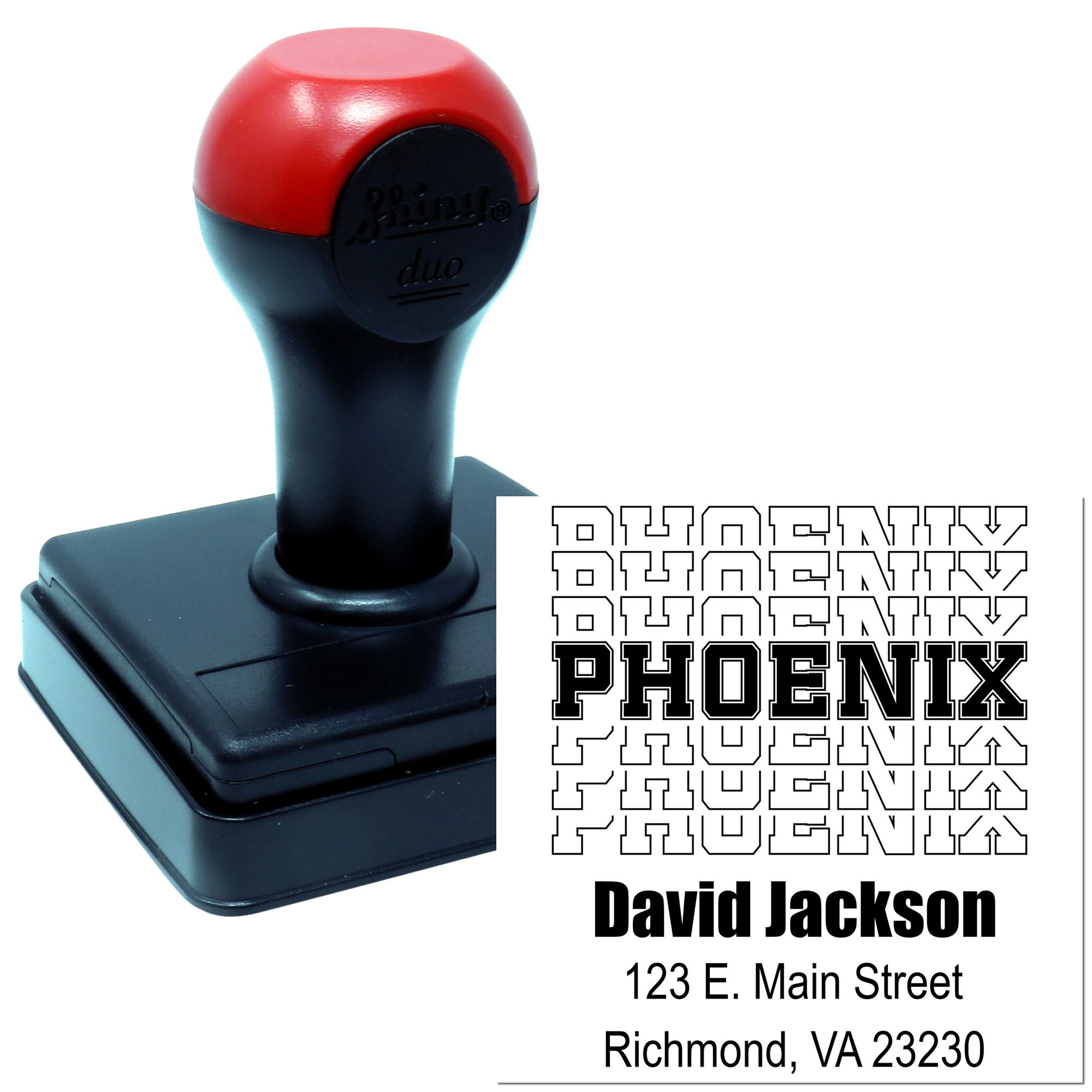 Custom self-inking rubber stamp with Phoenix imprint preview for David Jackson address and business mailing use.