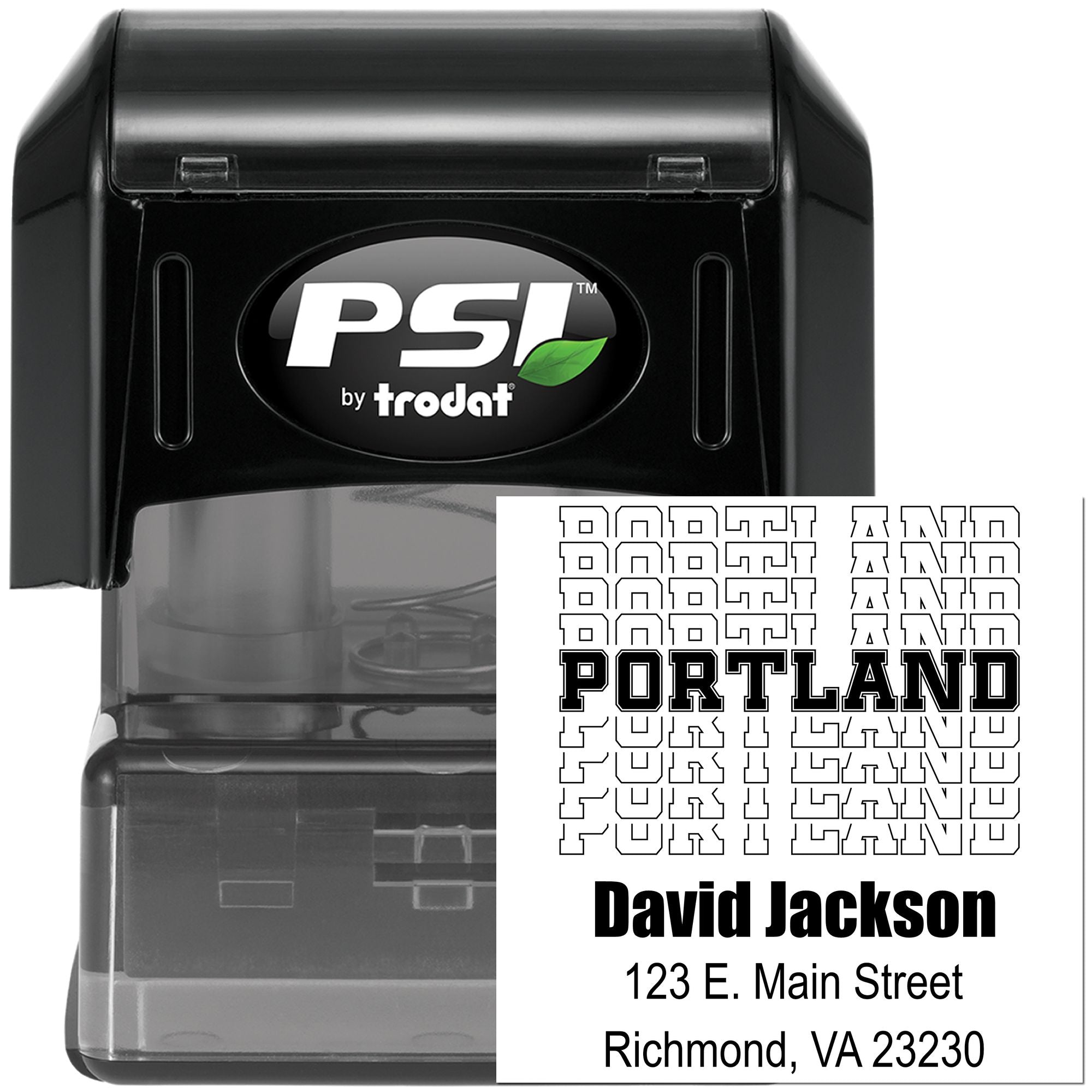 Custom self-inking address rubber stamp by PSI by Trodat, showing Portland return address imprint for David Jackson.