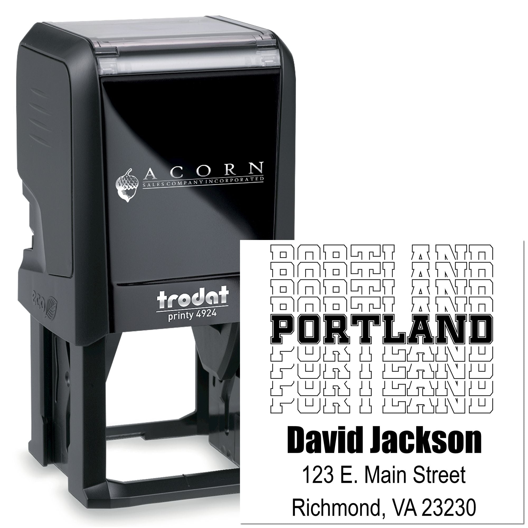 Self-inking rubber stamp with custom return address imprint, Trodat Printy 4924, Portland sample design.