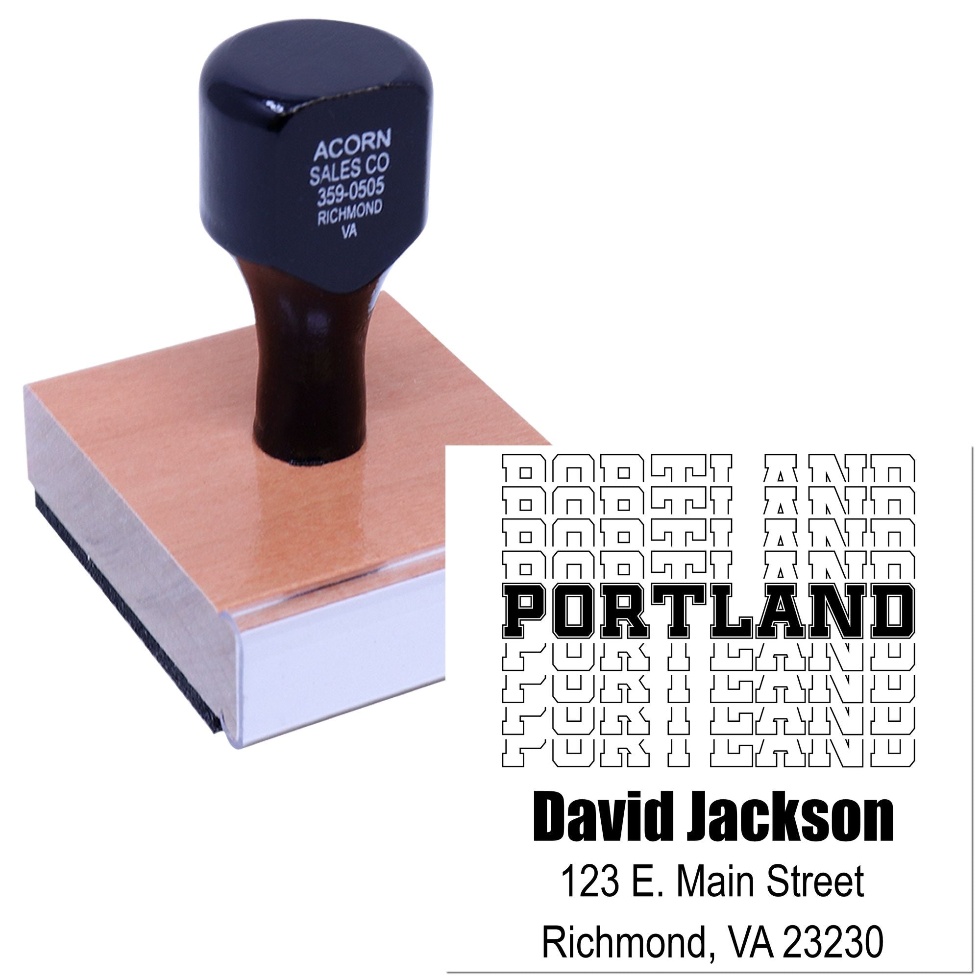 Custom business address rubber stamp with personalized name and return address, shown with sample stamped impression.