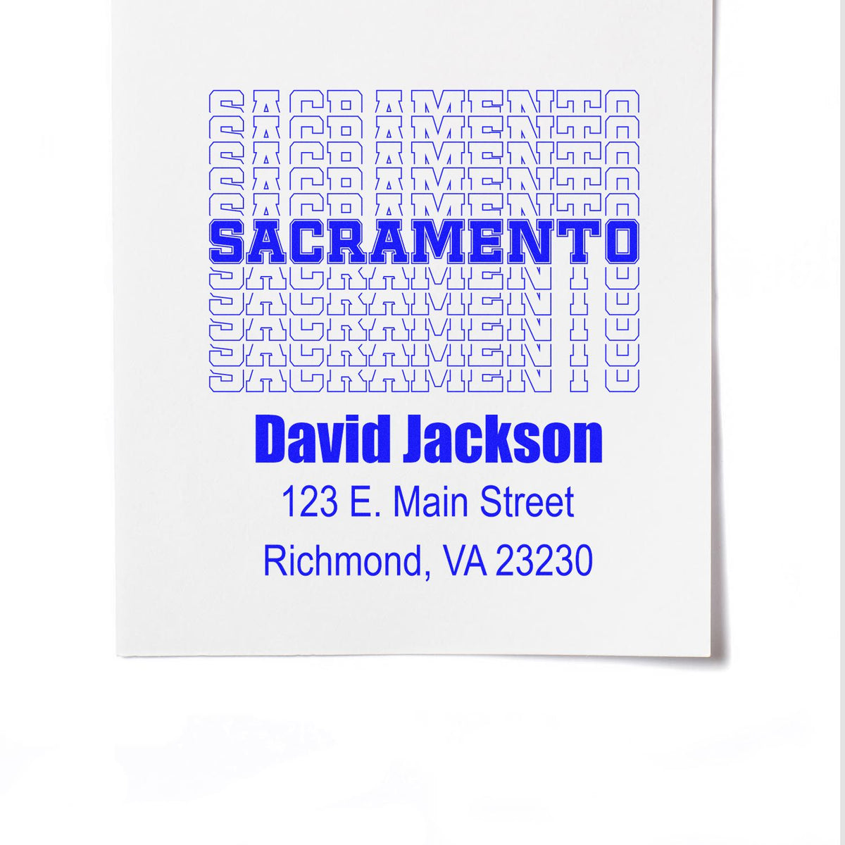 Custom Sacramento rubber stamp design featuring David Jackson and Richmond, VA address for business mailing and branding.