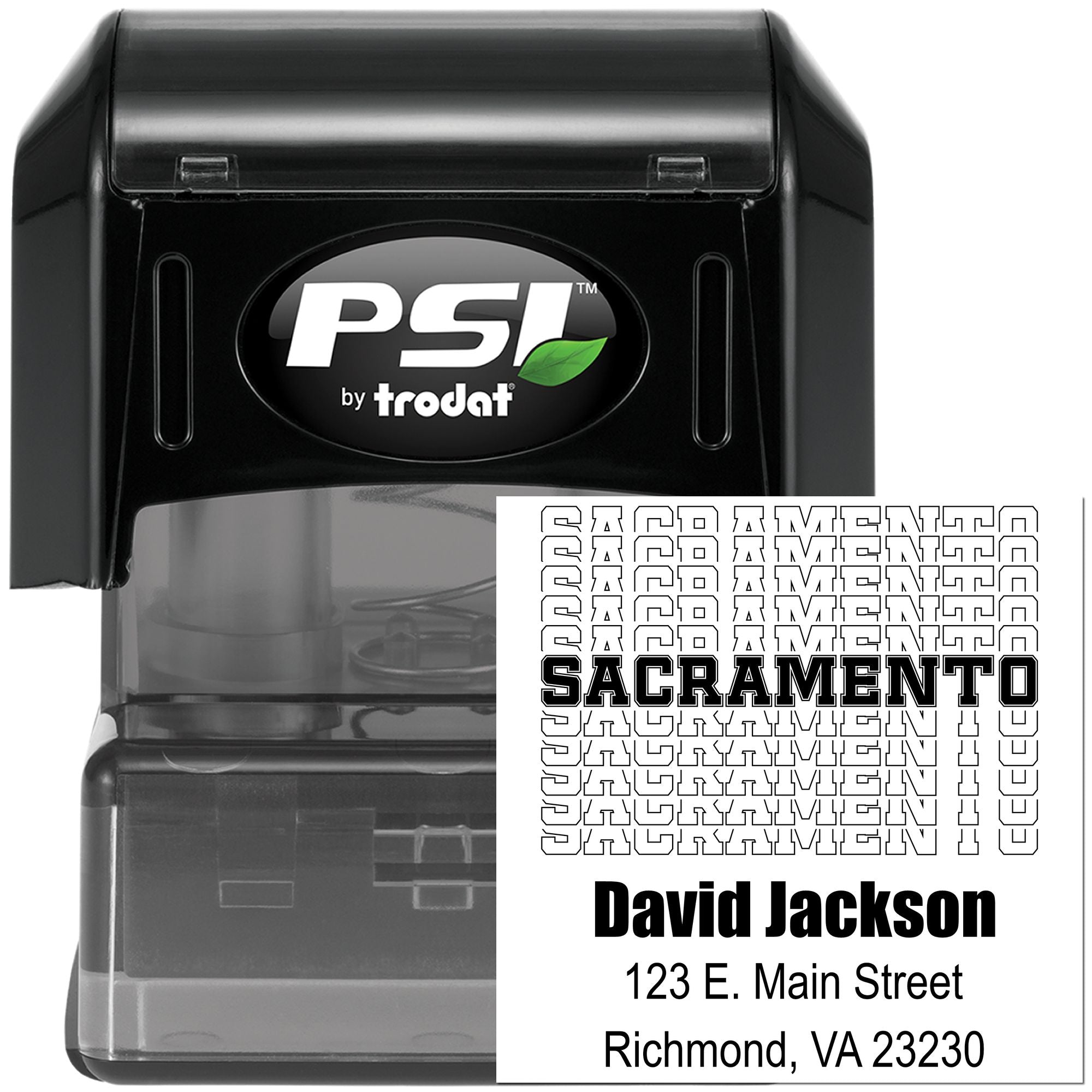 PSI by Trodat self-inking custom address rubber stamp with Sacramento imprint, name, and business address.