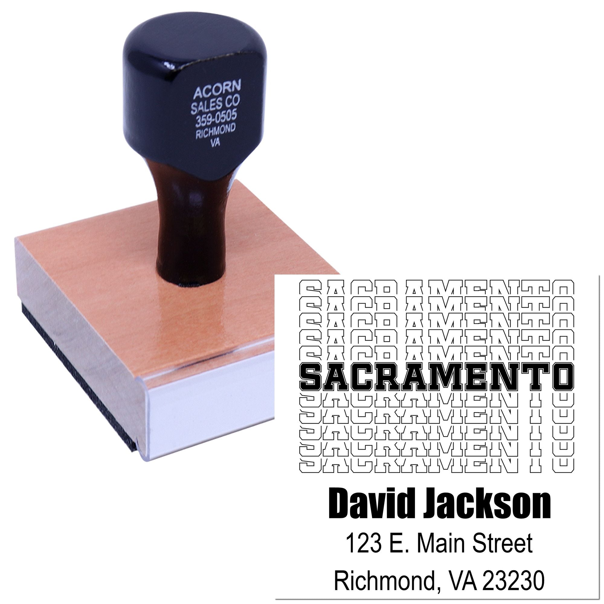 Custom rubber address stamp with personalized name and return address for business mailings.