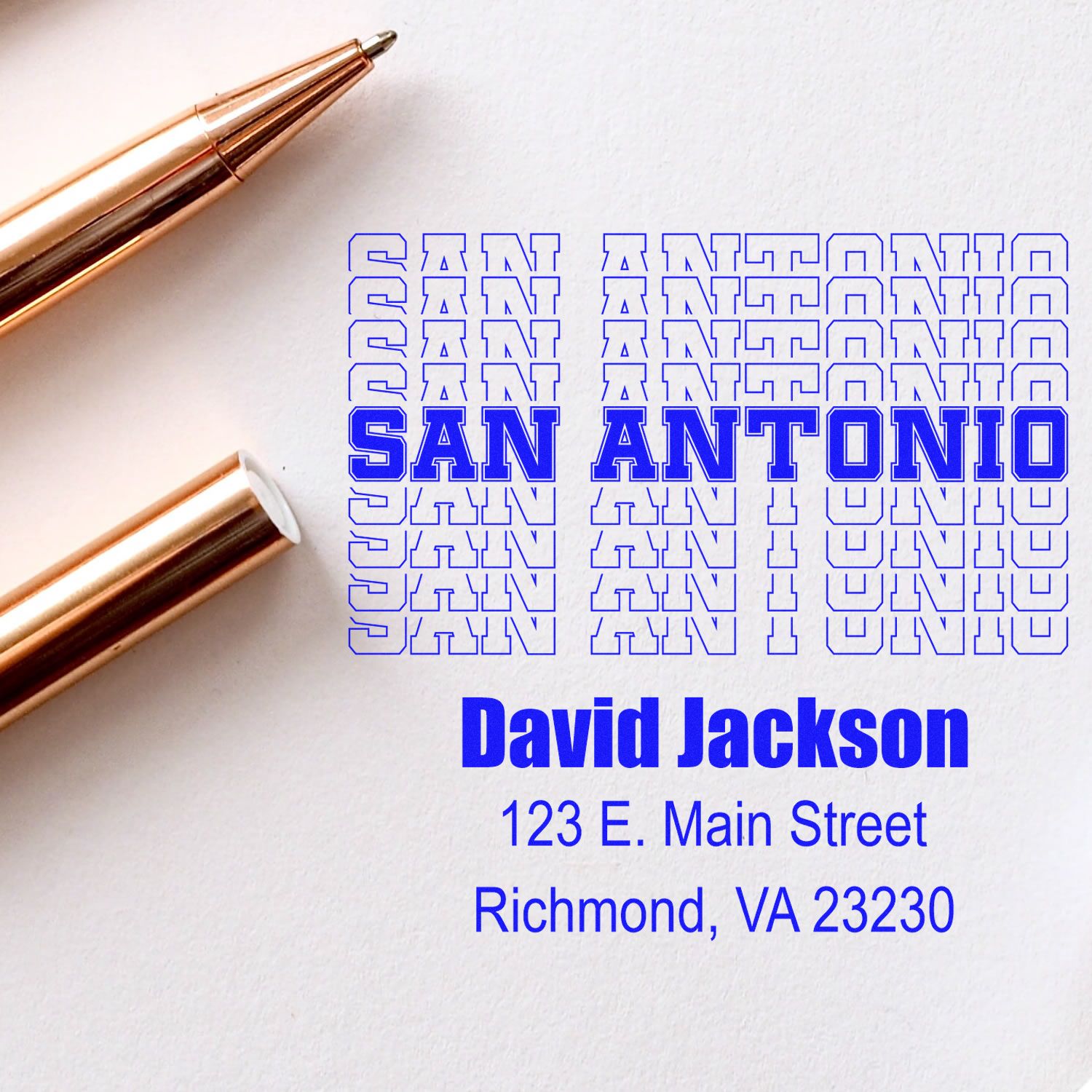 Custom business rubber stamp mockup with San Antonio text and David Jackson return address, Richmond VA.