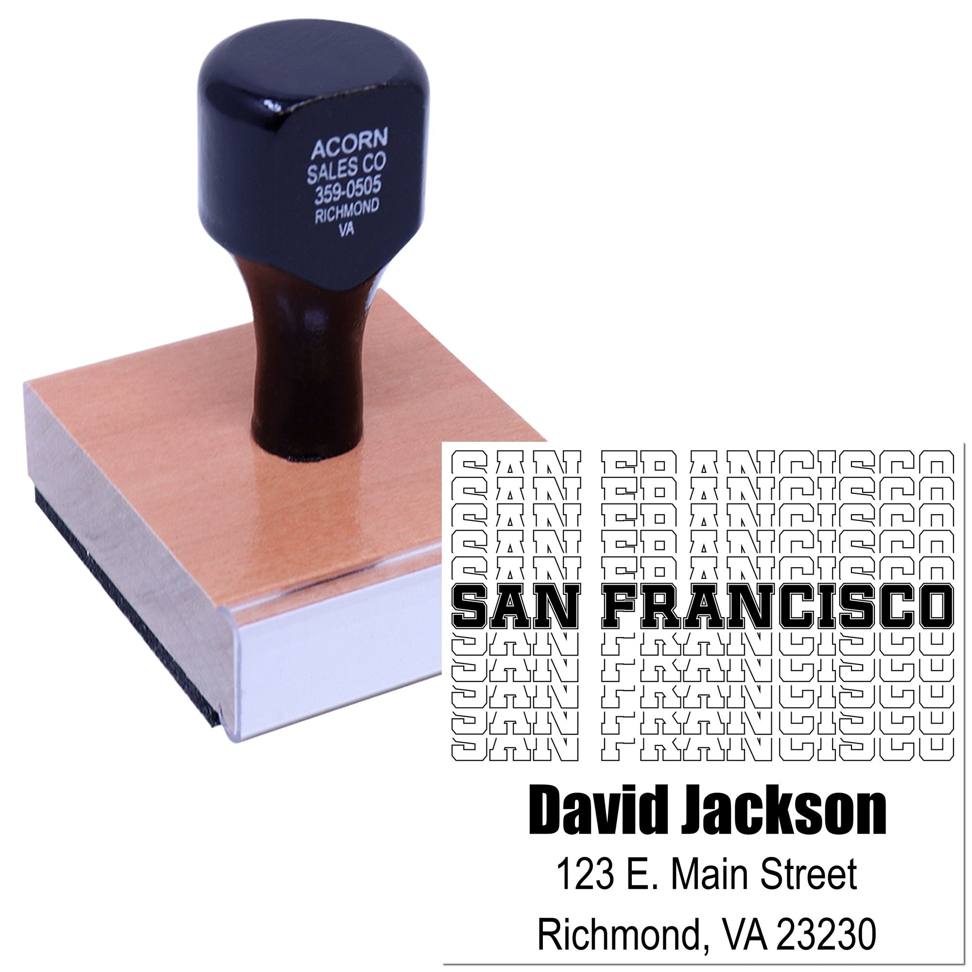 Custom rubber address stamp with company name, phone number, and return address for business mailing and branding.