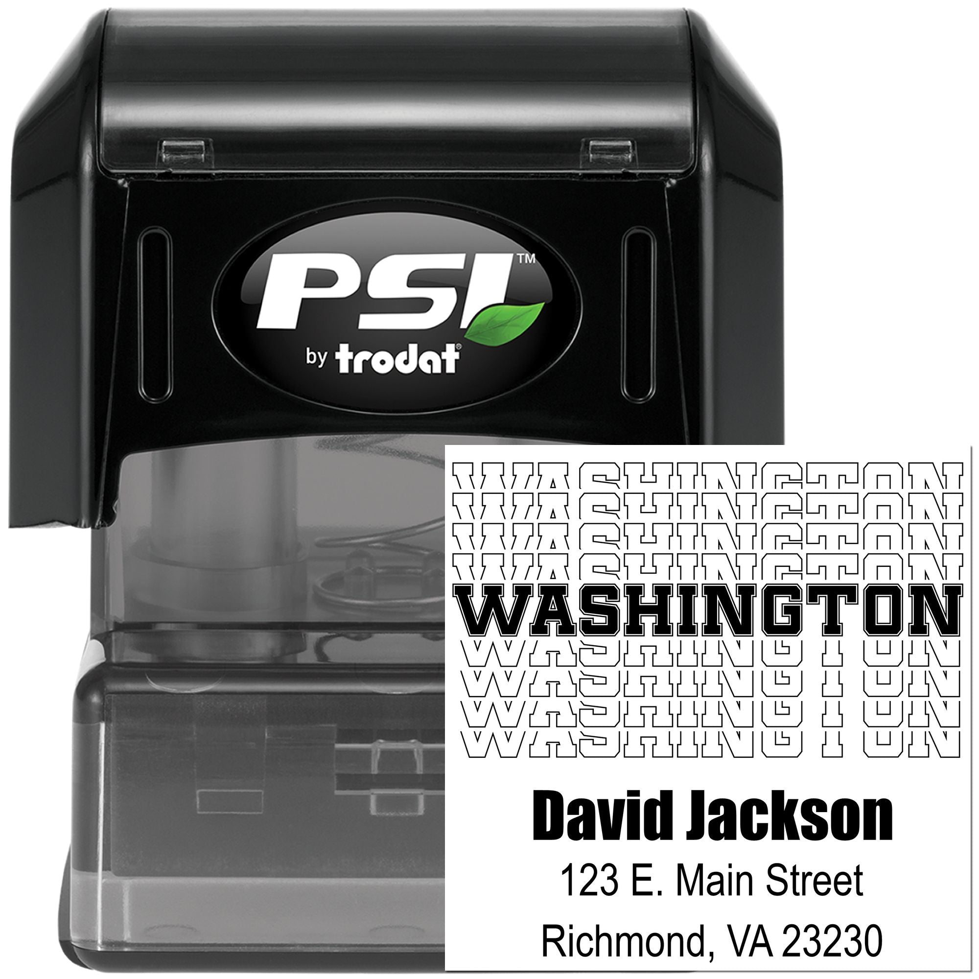 Custom self-inking rubber address stamp by PSI Trodat with Washington text for David Jackson, Richmond, VA.
