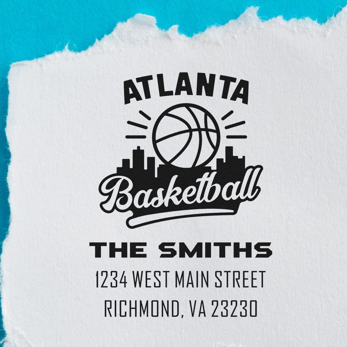 Personalized Atlanta Basketball return address rubber stamp for The Smiths, featuring name and Richmond, VA address.