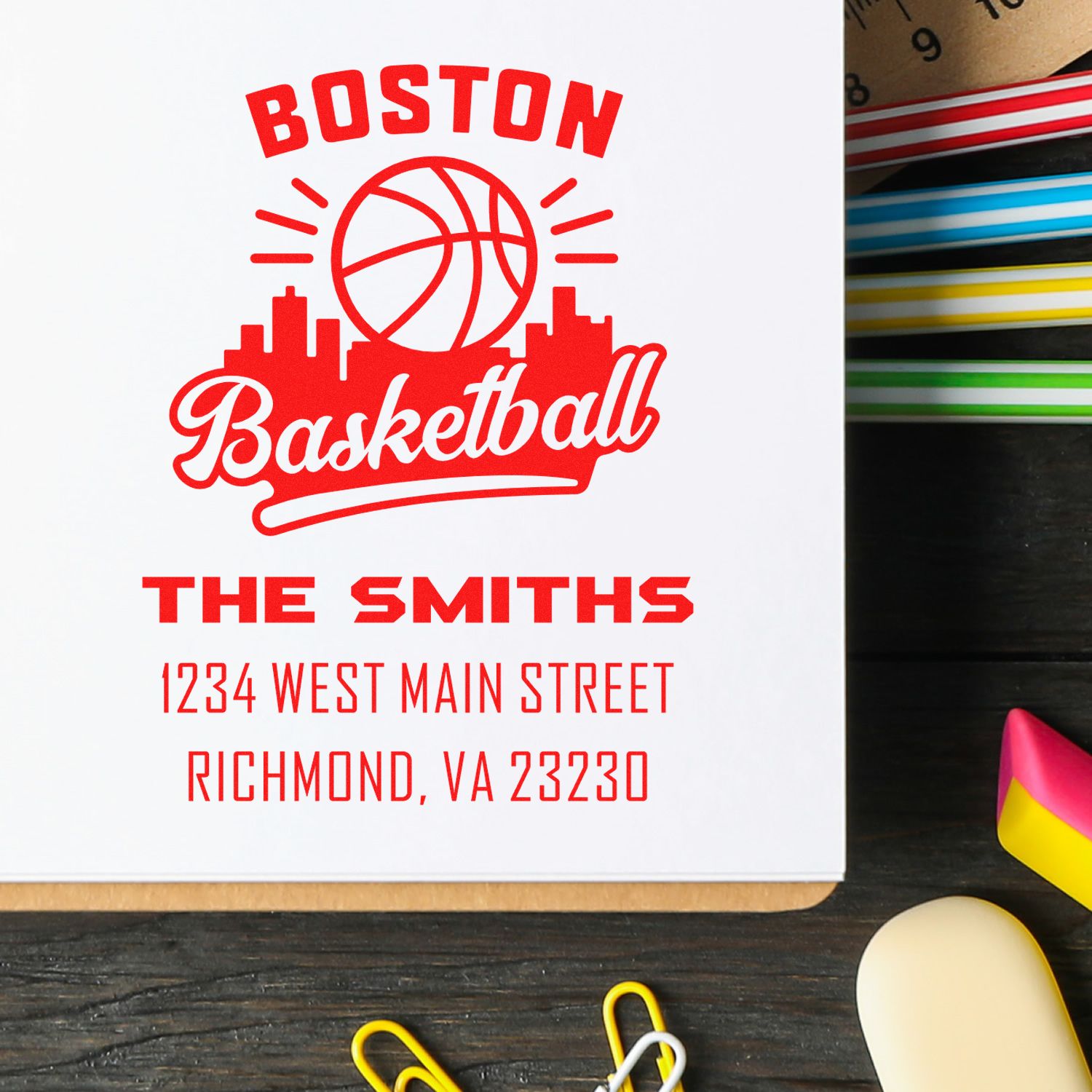 Custom Boston basketball rubber stamp for The Smiths, featuring name and Richmond, VA address.