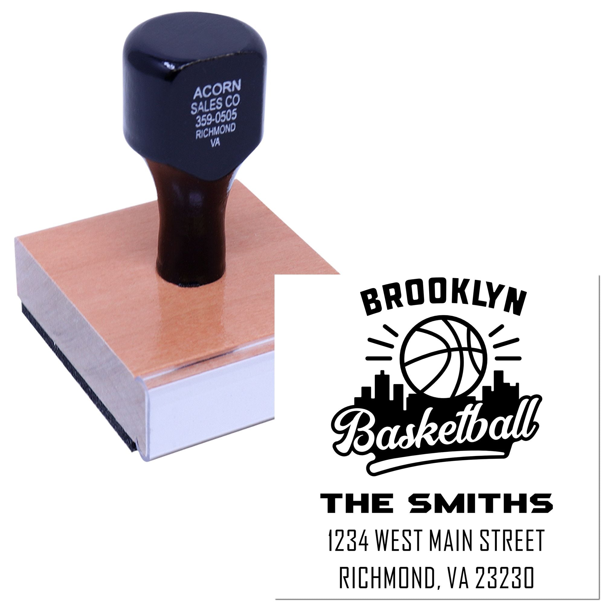 Custom rubber stamp with Brooklyn Basketball logo, family name, and return address for personalized mail and packaging.
