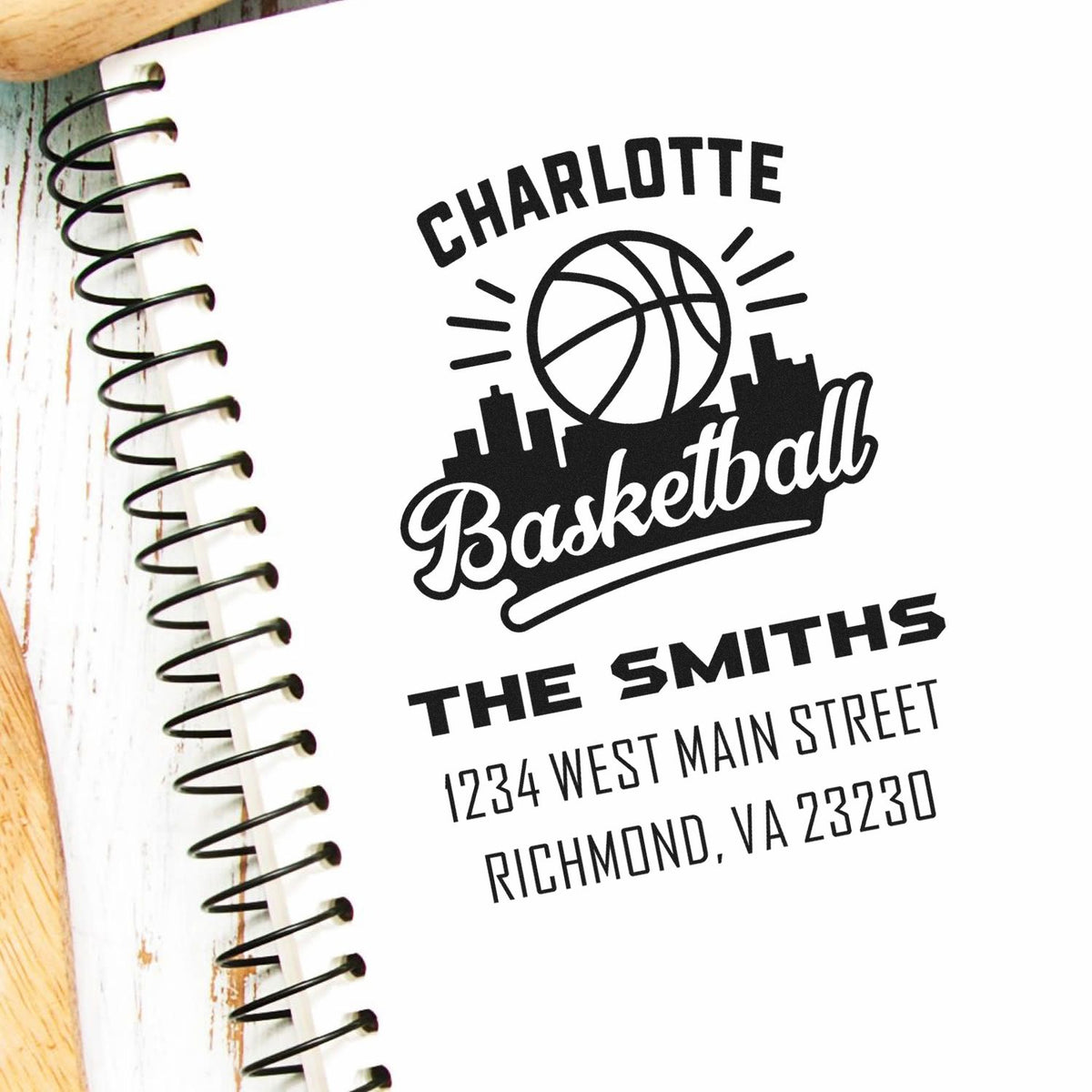Custom basketball return address rubber stamp for The Smiths, with Charlotte design and Richmond, VA mailing address.