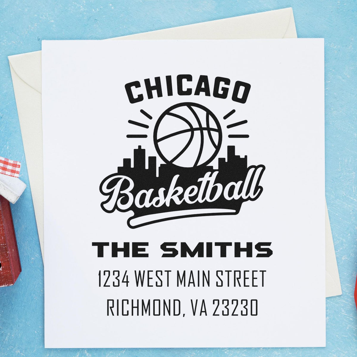 Custom Chicago basketball rubber stamp for The Smiths return address and personalized stationery.