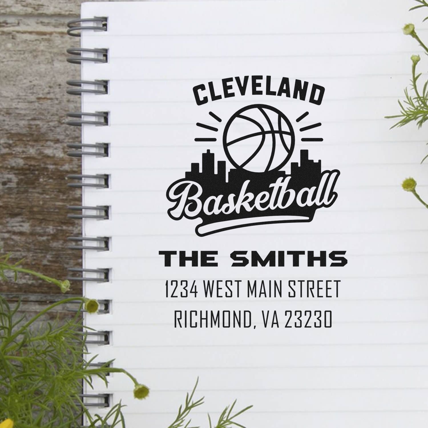 Custom Cleveland basketball return address rubber stamp for The Smiths, featuring family name and address for personalized stationery.