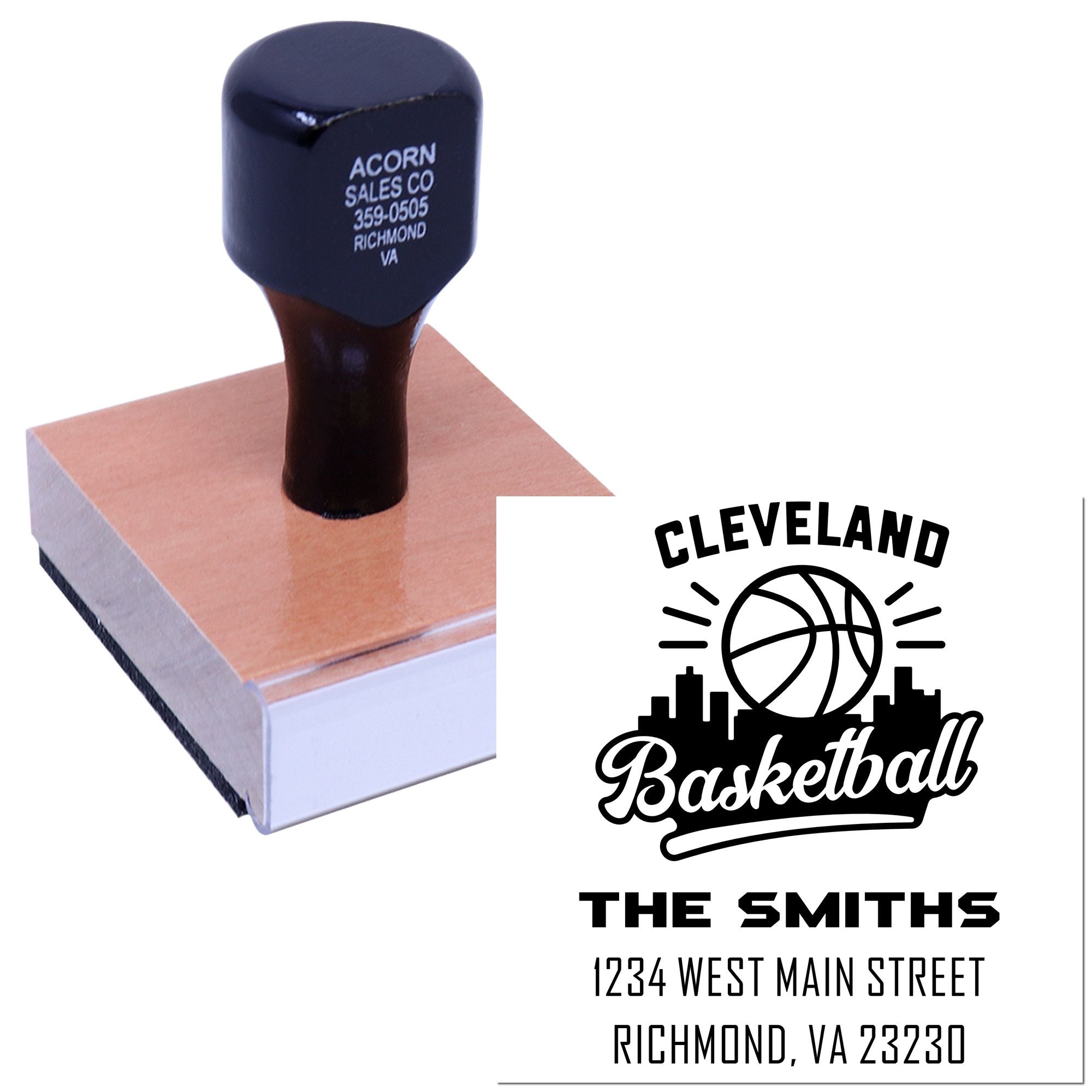 Custom basketball rubber stamp featuring Cleveland Basketball logo, The Smiths name, and Richmond, VA address.