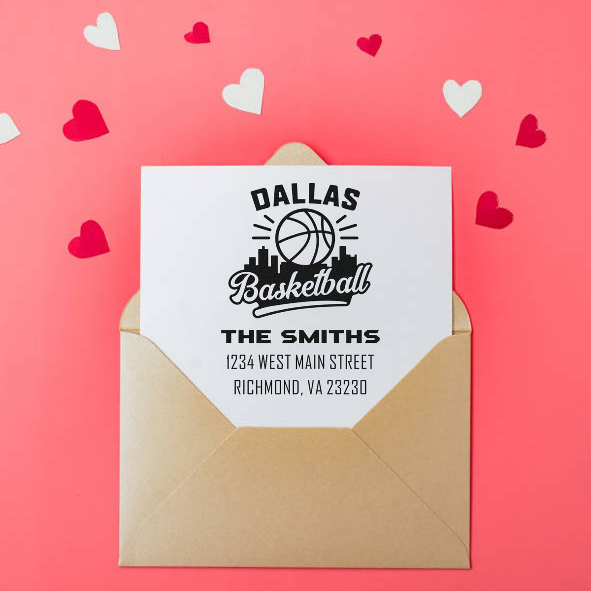 Personalized Dallas basketball return address rubber stamp for The Smiths, perfect for team invitations and mailings.