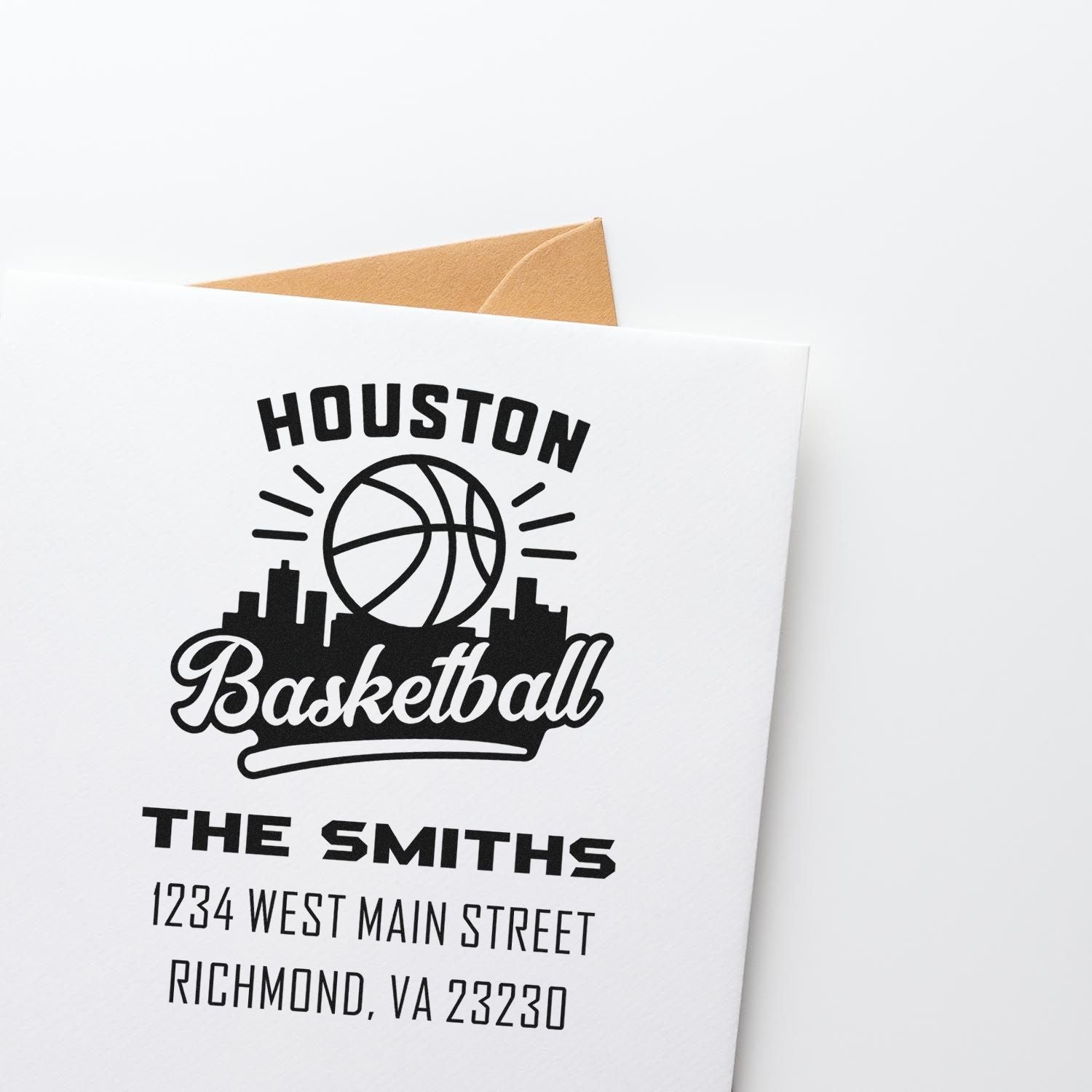 Custom Houston basketball rubber stamp design for The Smiths, with return address for personalized stationery and envelopes.
