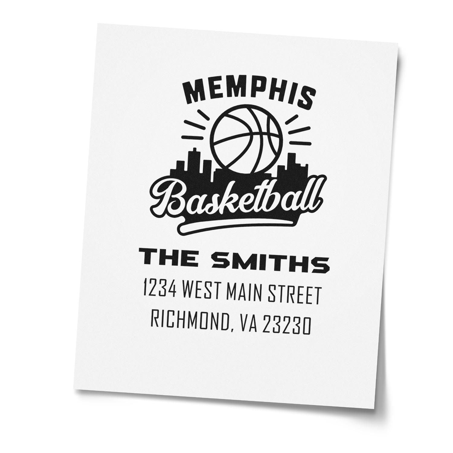 Custom Memphis basketball rubber stamp with family name and return address for The Smiths