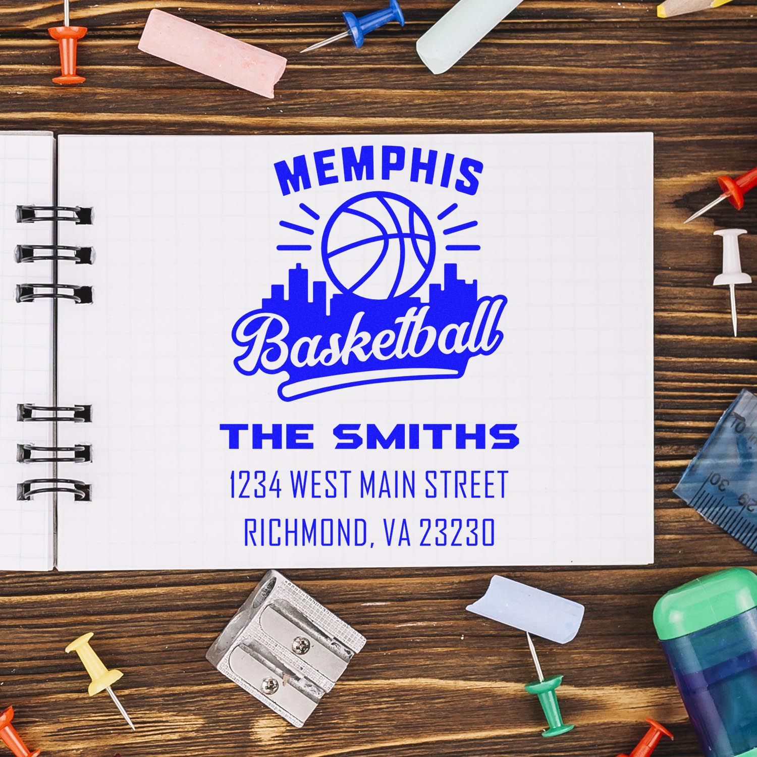 Custom Memphis Basketball rubber stamp design with family name and address for personalized sports stationery.