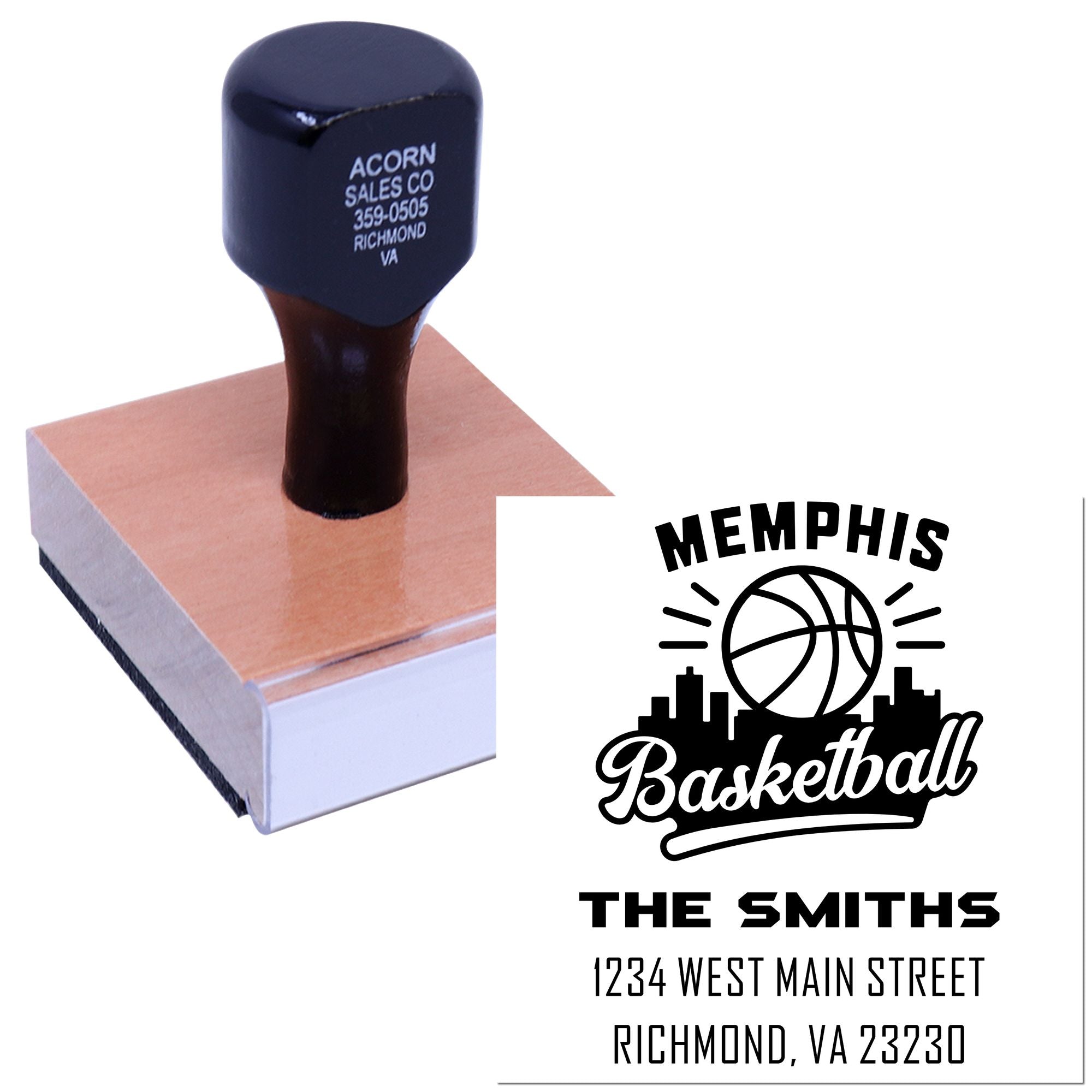 Custom basketball logo rubber stamp for The Smiths, featuring address details and Richmond, VA branding.