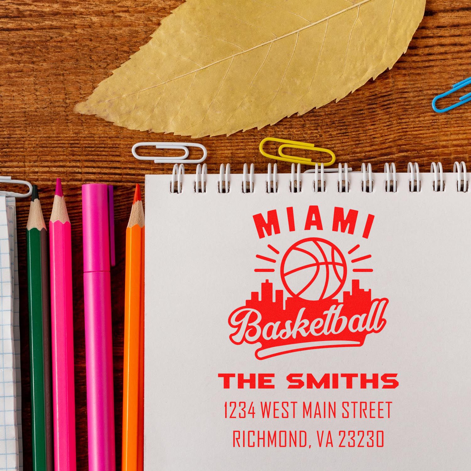 Custom Miami Basketball return address rubber stamp for The Smiths, perfect for personalized sports stationery and envelopes.