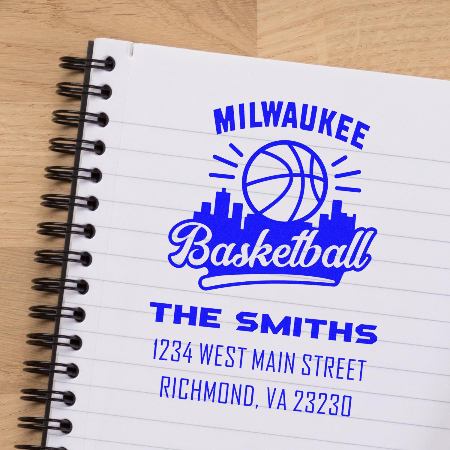 Personalized basketball rubber stamp for The Smiths, Milwaukee, WI address, stamped in blue.